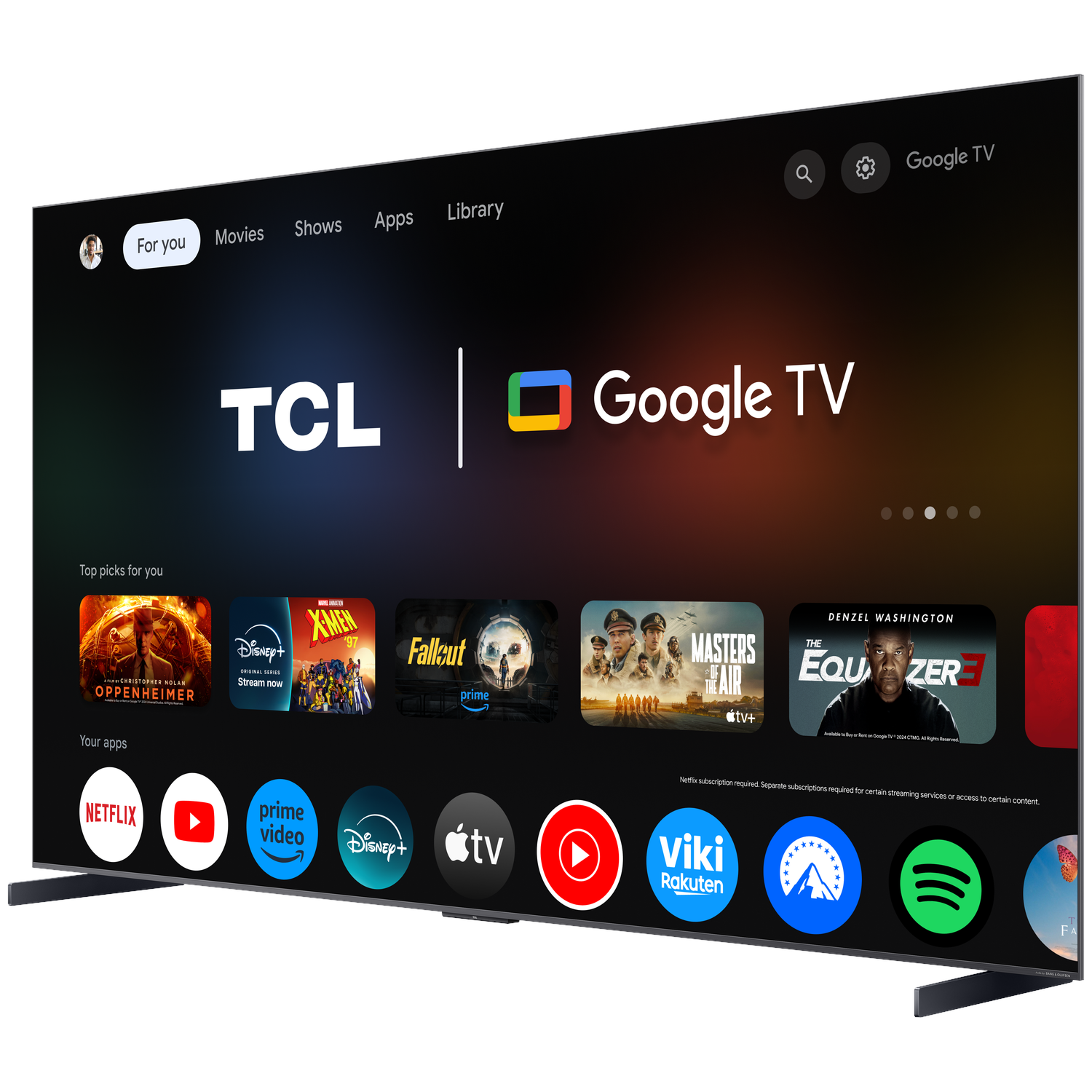 A modern television displaying the Google TV interface, featuring movies and apps.
