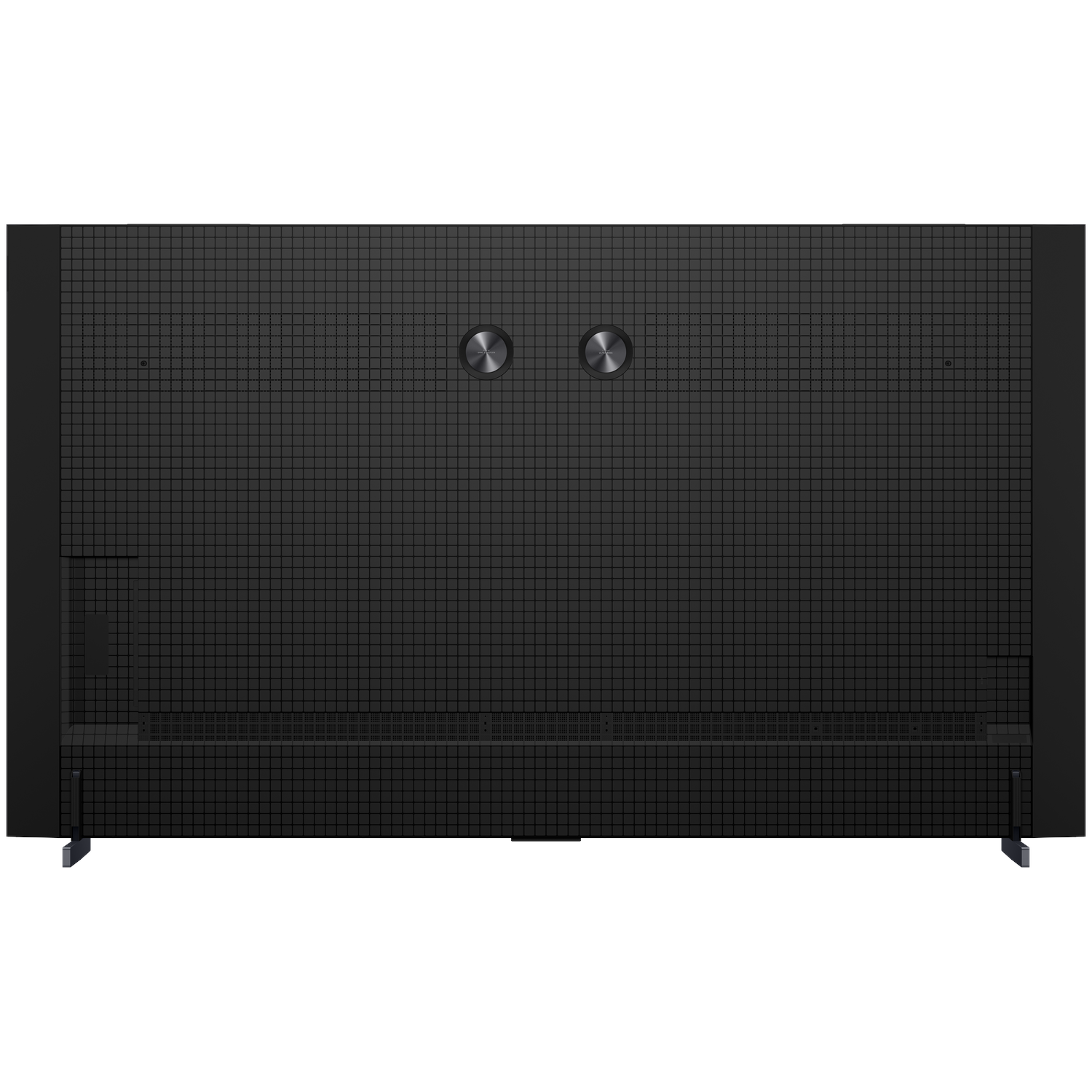 Back of a black TV with a checkered texture and two round knobs.