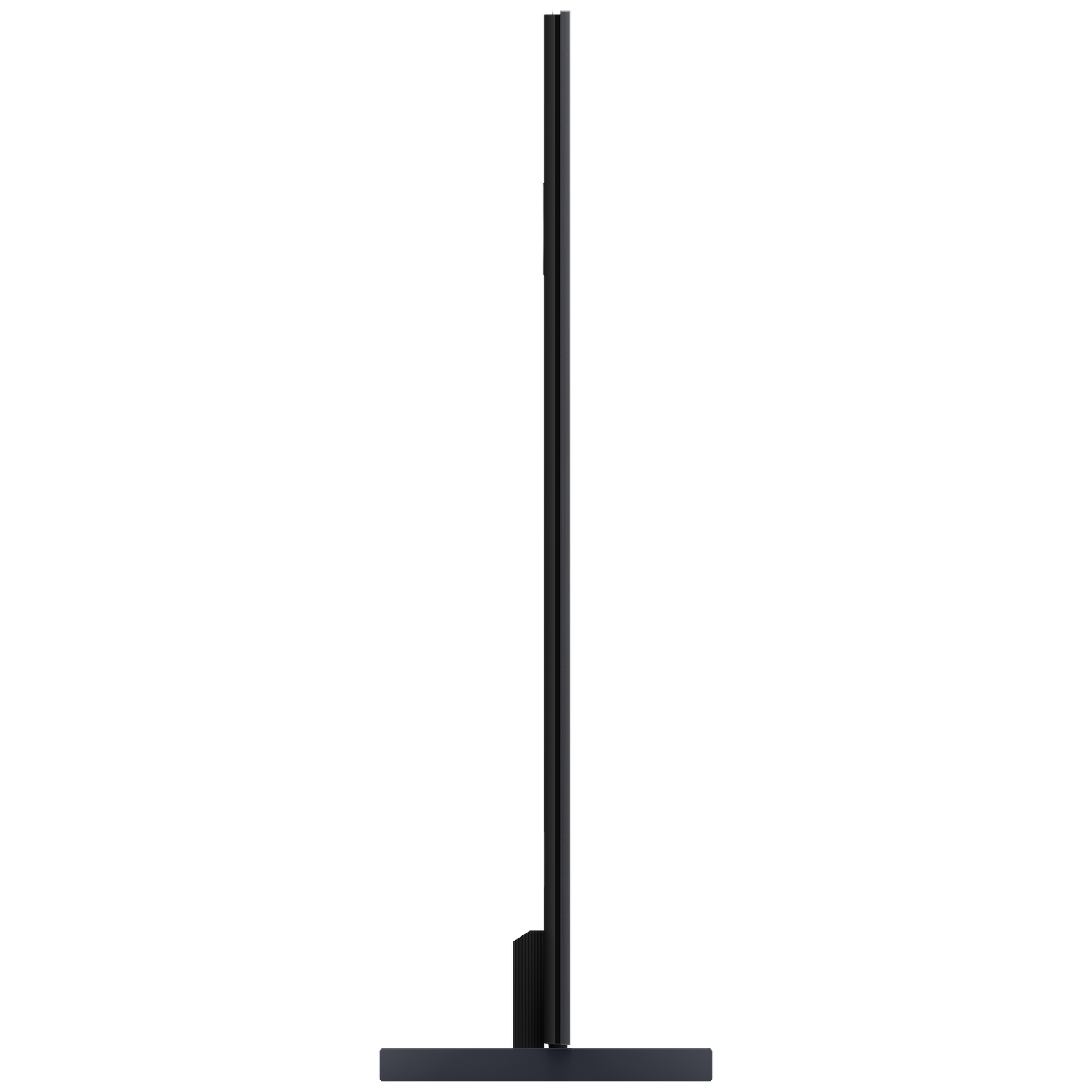 A slim, black television set stands on a dark base.
