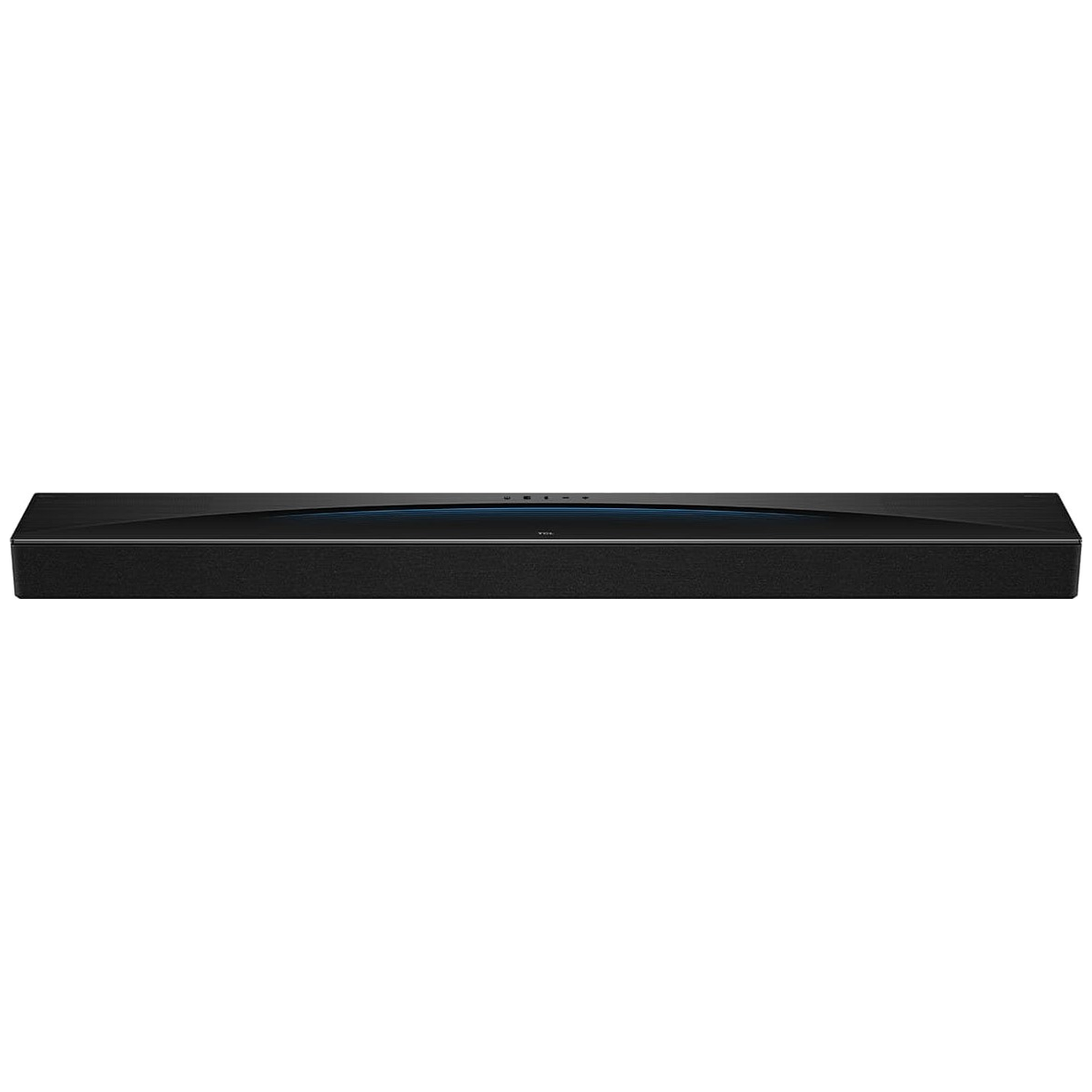 Black, slim soundbar speaker with blue accent lights and control buttons.
