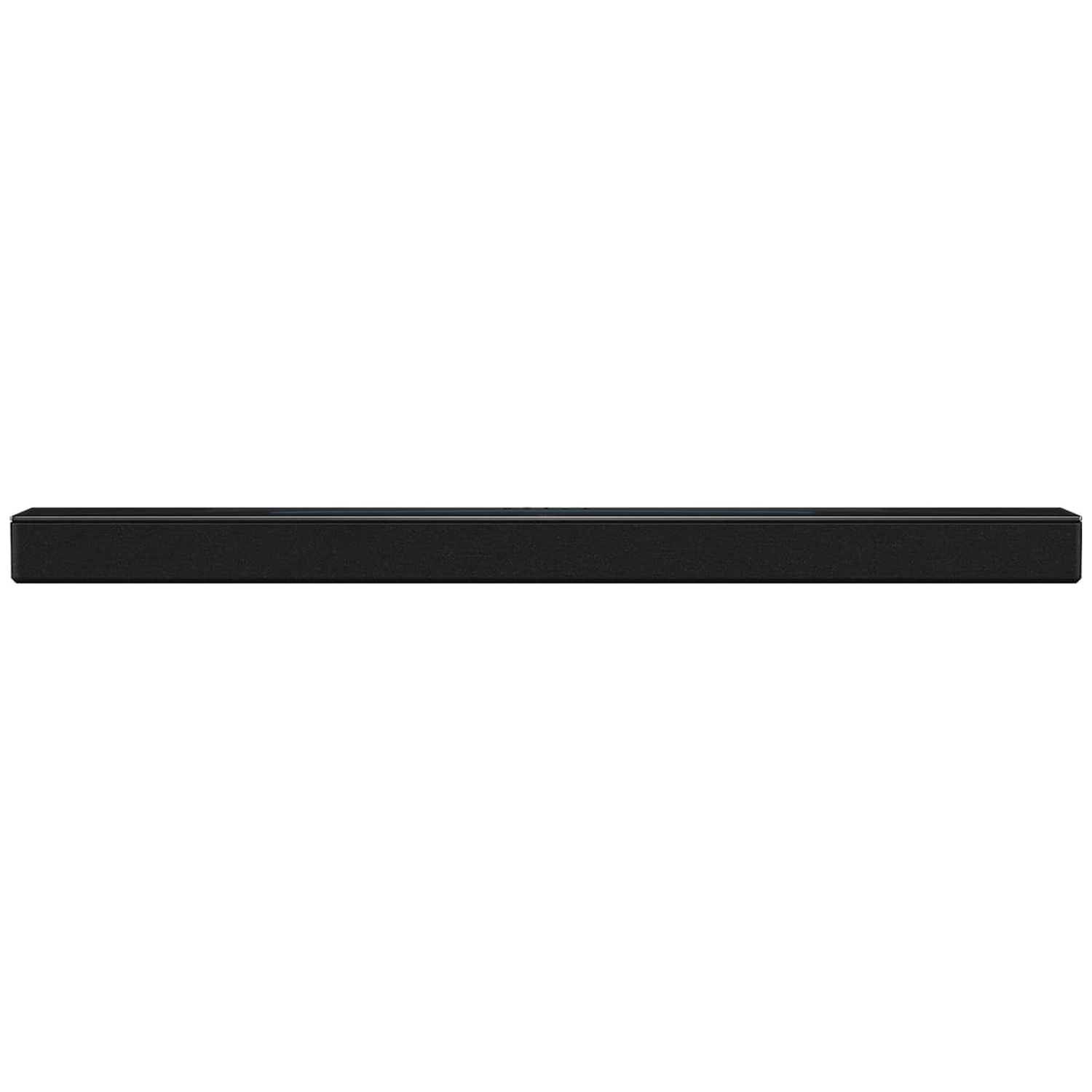 A black, slim soundbar with a smooth surface on a white background.