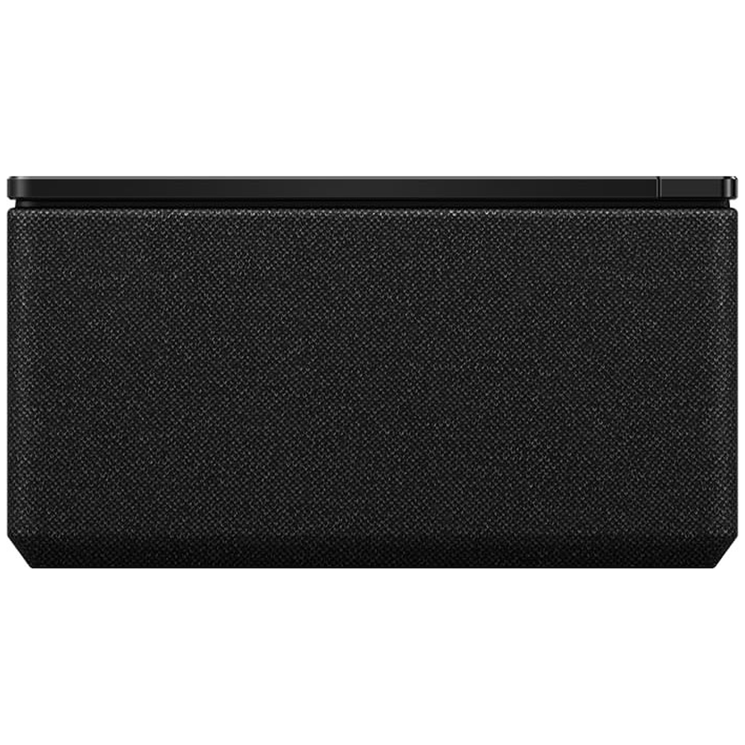 A black speaker with a fabric grille.