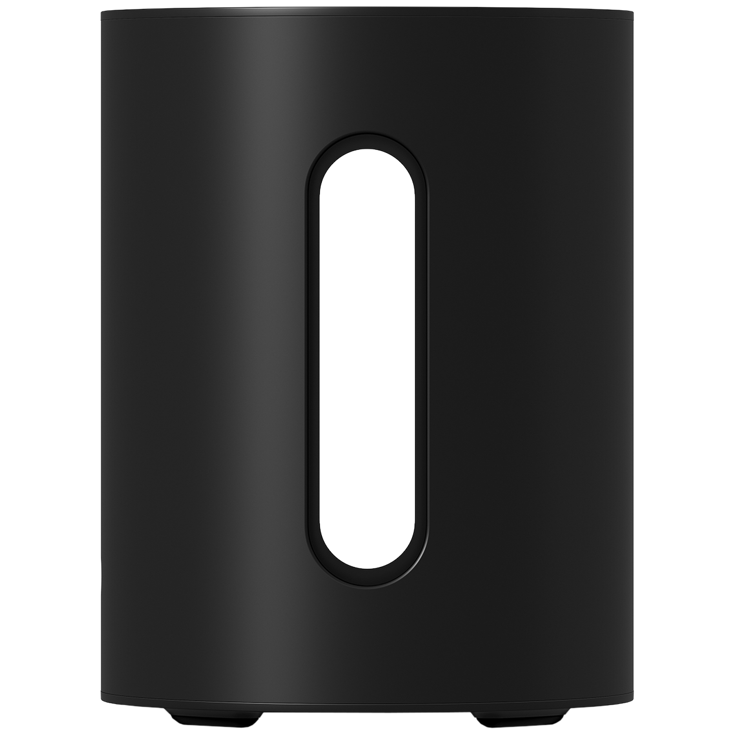 Zwarte cilindrische subwoofer met een verticale ovale opening in het midden.