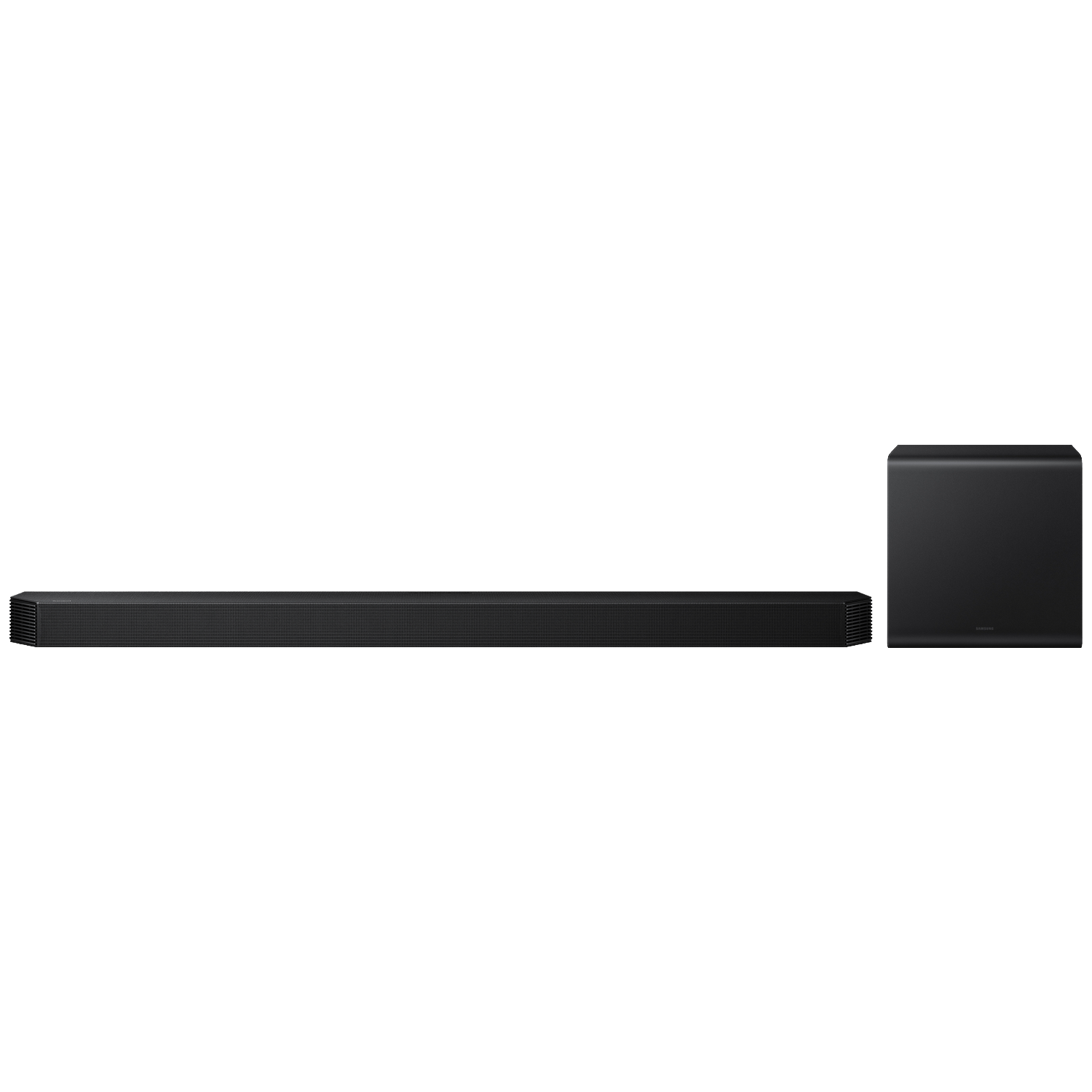 Black soundbar and subwoofer side by side on a white background.