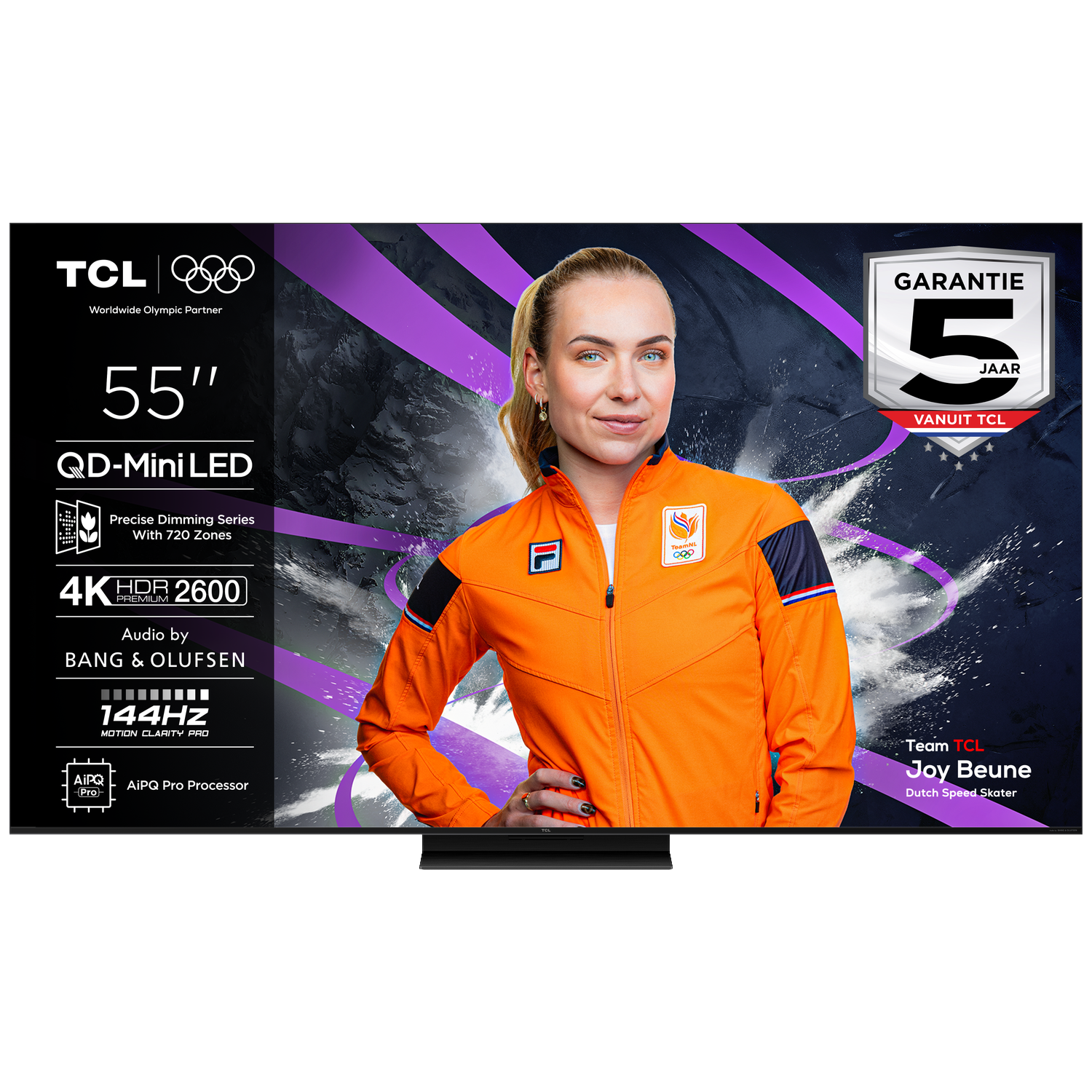 A 55-inch TCL TV featuring QD-Mini LED, 4K HDR 2600, and Joy Beune.