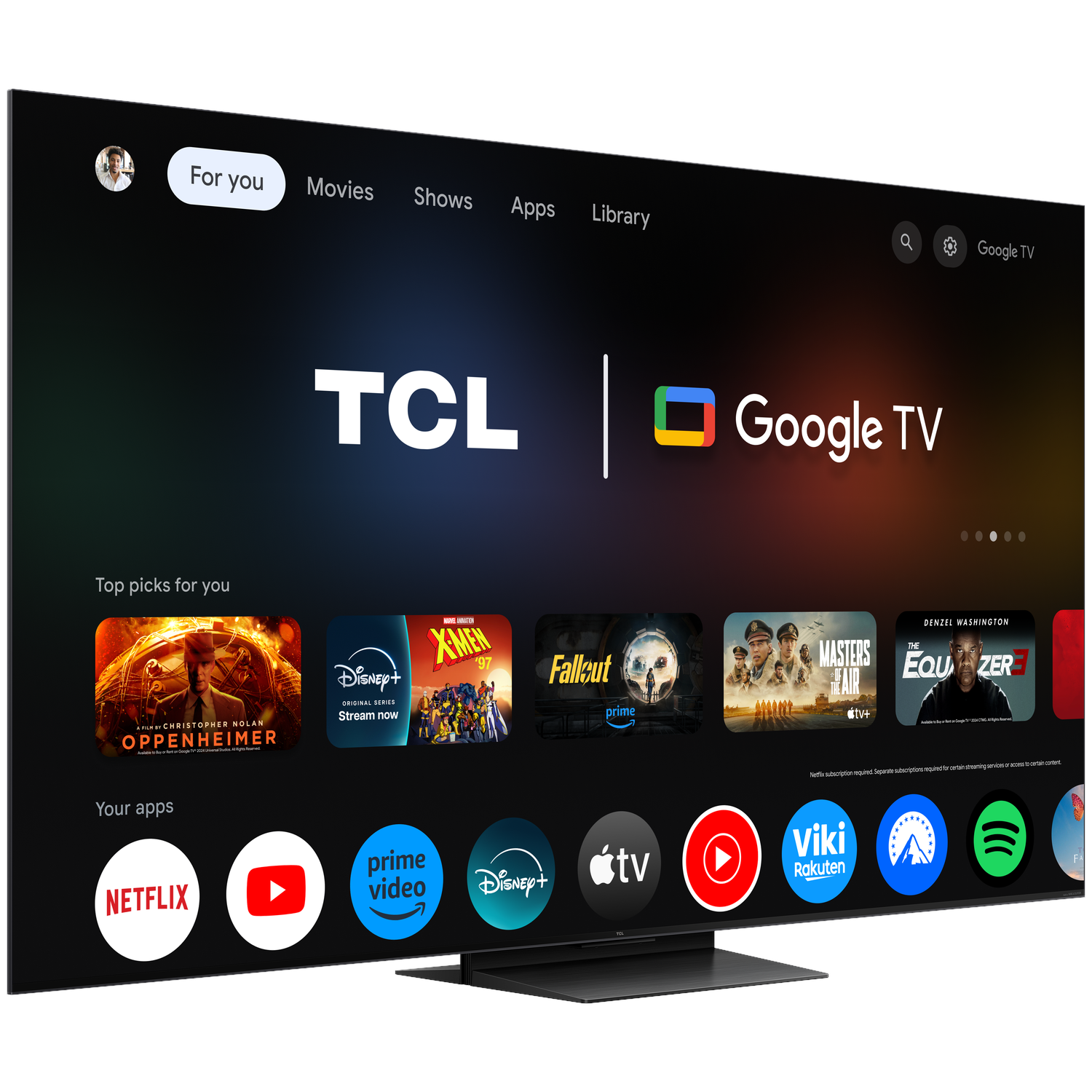 TCL Google TV displaying apps like Netflix, Prime Video, Disney+, and games.