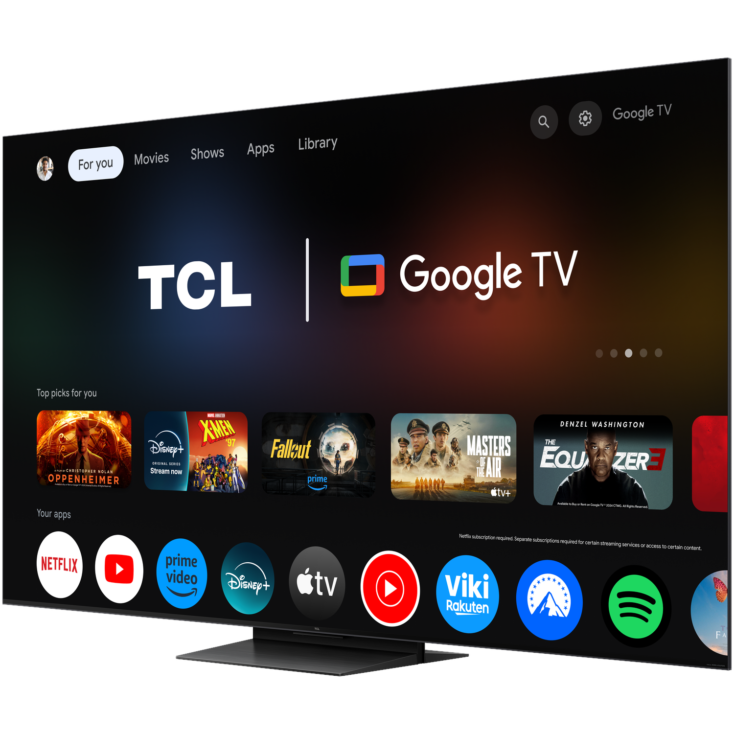 A modern TCL Google TV displaying a UI with movies and apps.