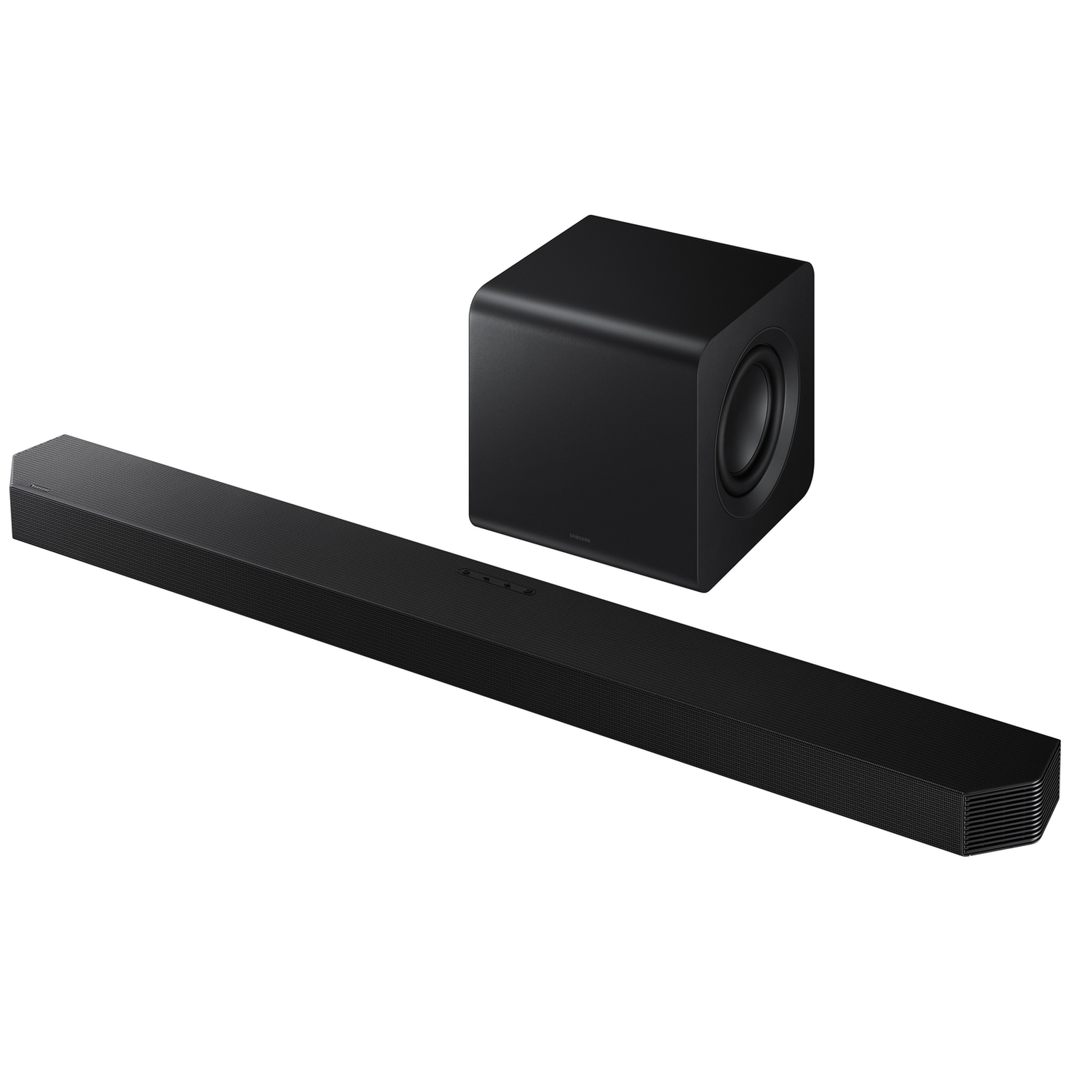 Black soundbar and subwoofer on a white background.