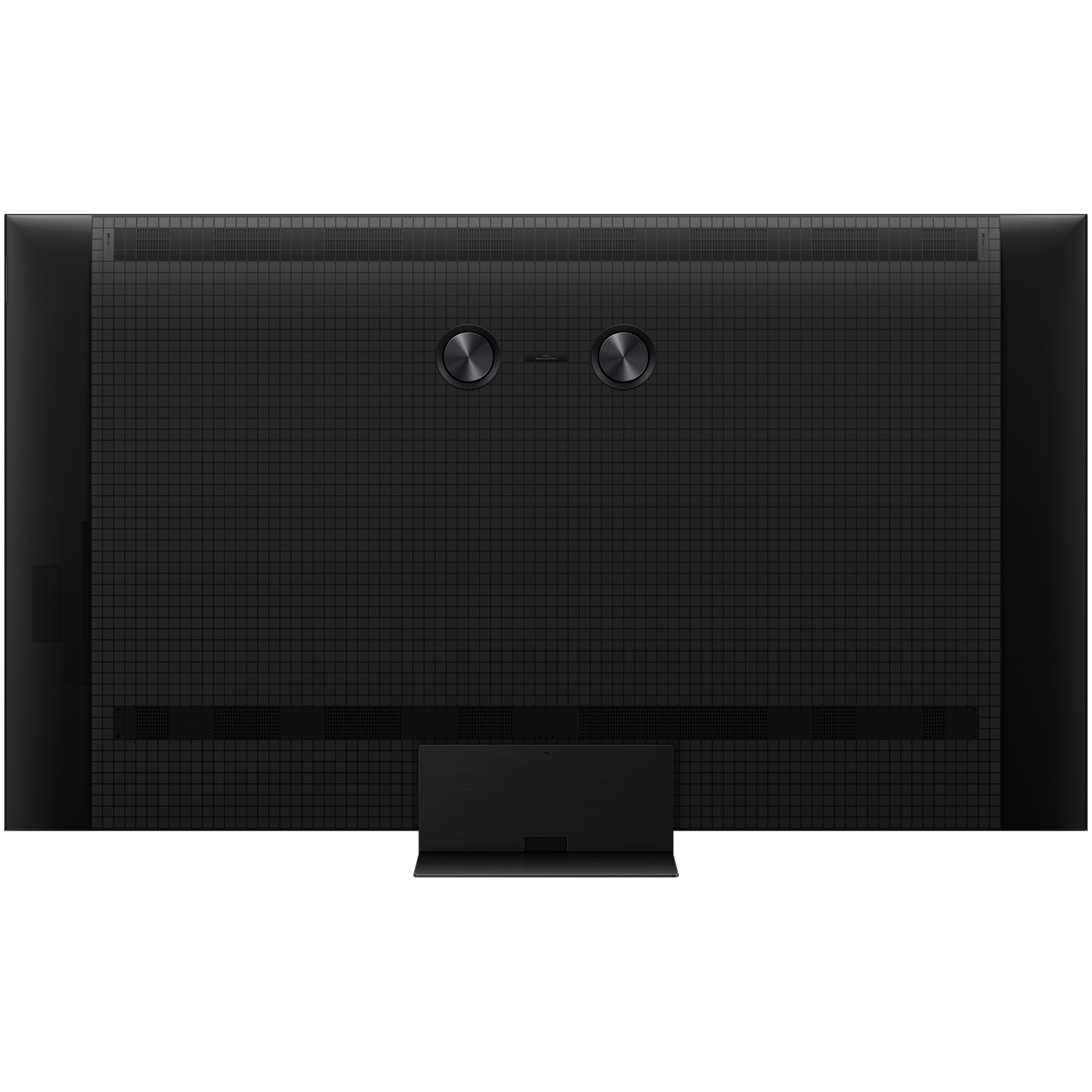 Back view of a black TV with a grid pattern and two circular control knobs.
