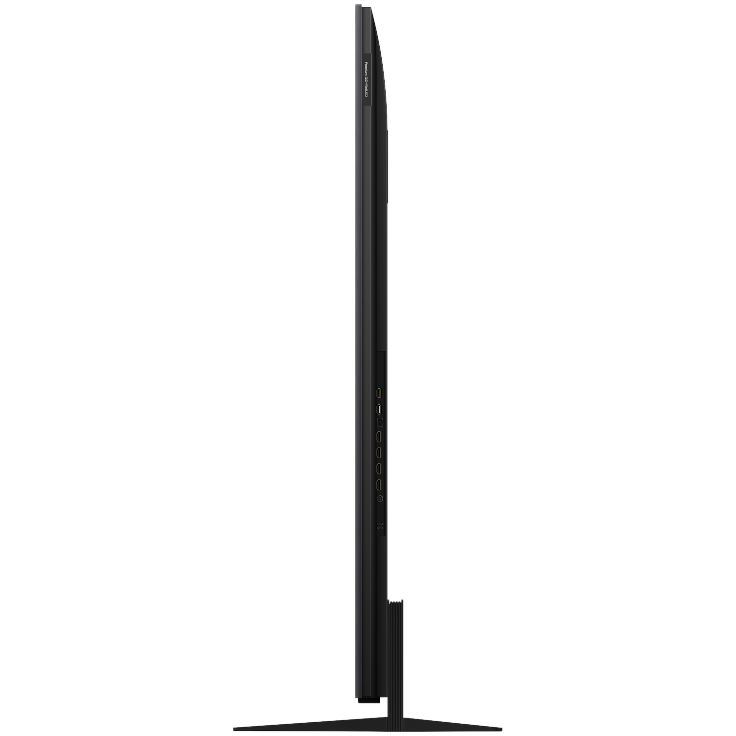 Side view of a slim black television with stand and ports.