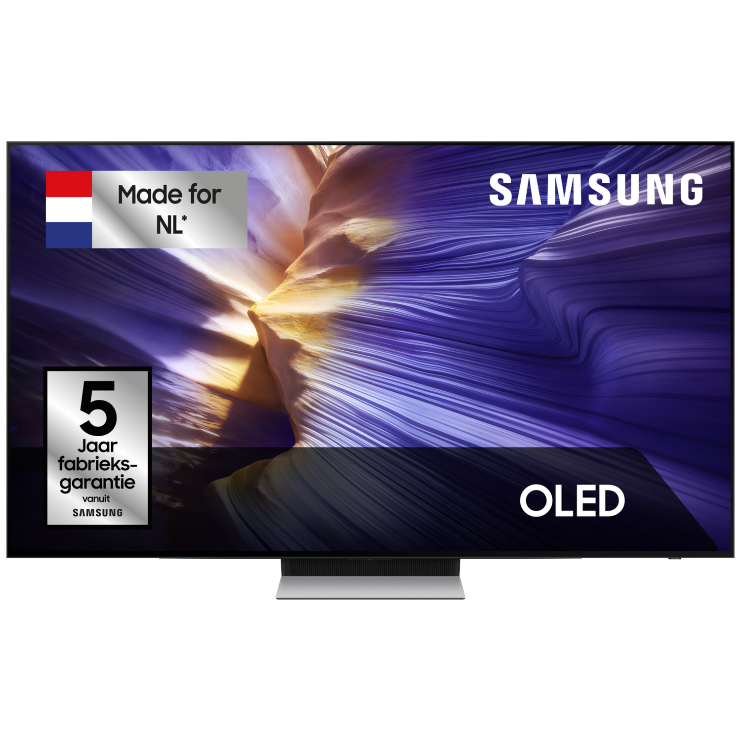 Samsung OLED TV featuring a Dutch flag and a 5-year warranty sticker.