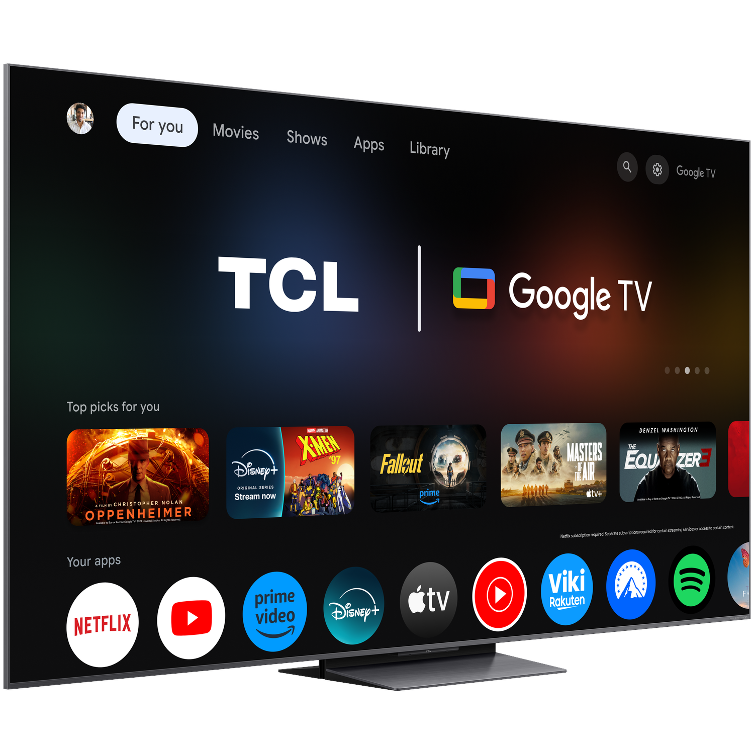 TCL Google TV showing apps like Netflix, YouTube, and movies like Oppenheimer.