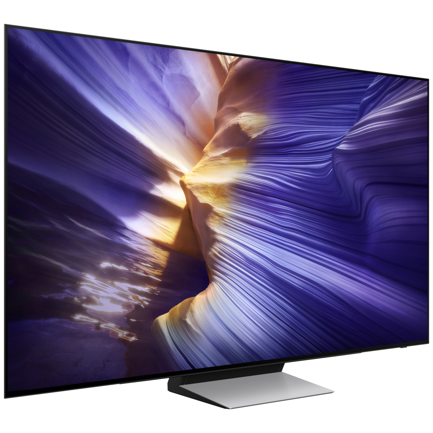 A modern TV displaying a colorful image of undulating rocks and water.