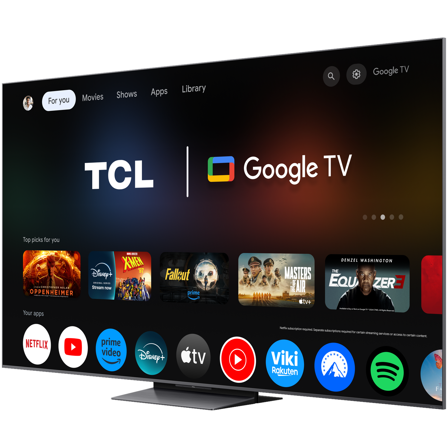 A modern TCL Google TV displaying apps like Netflix, YouTube, and Disney+.