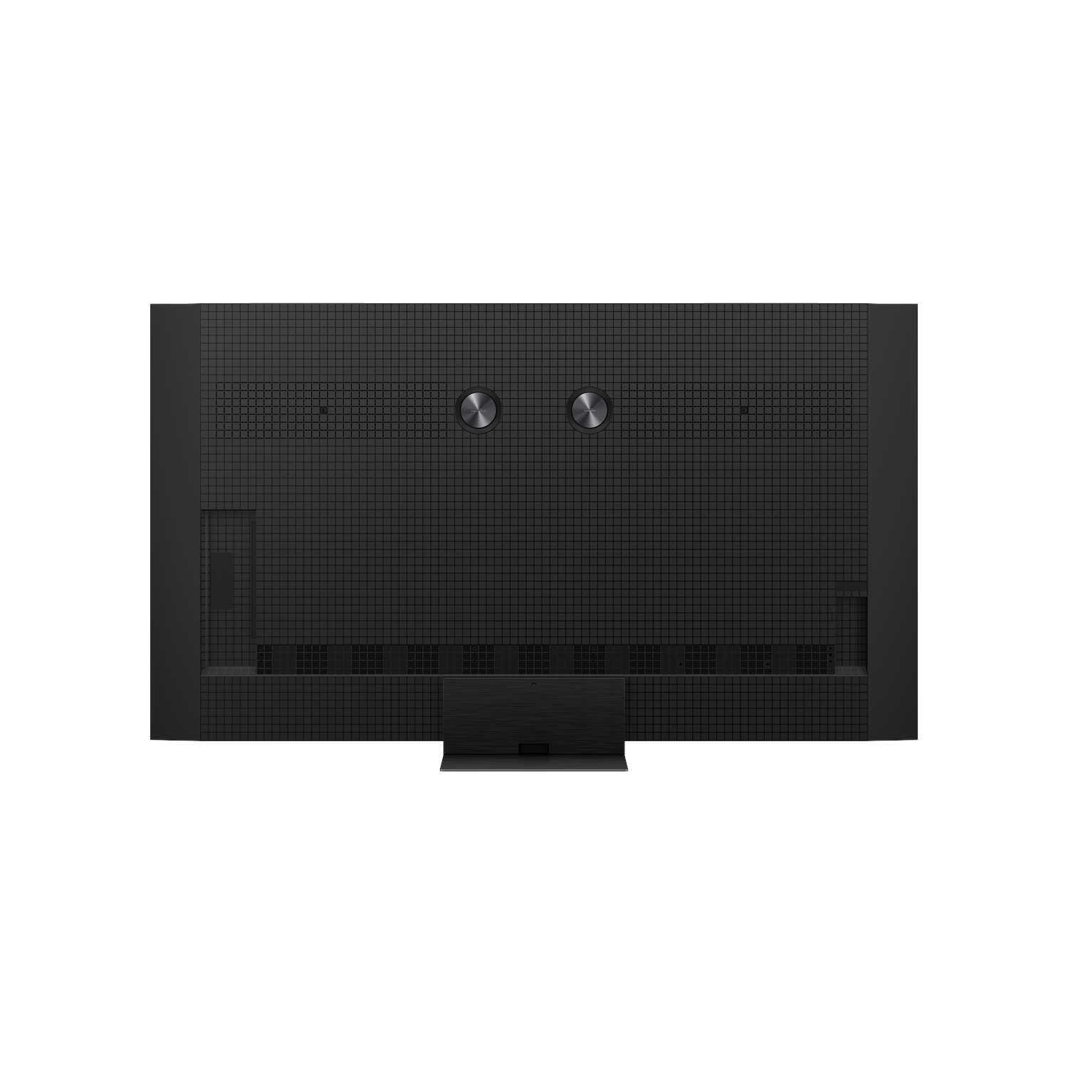 Back of a black TV with a textured pattern and two round buttons.