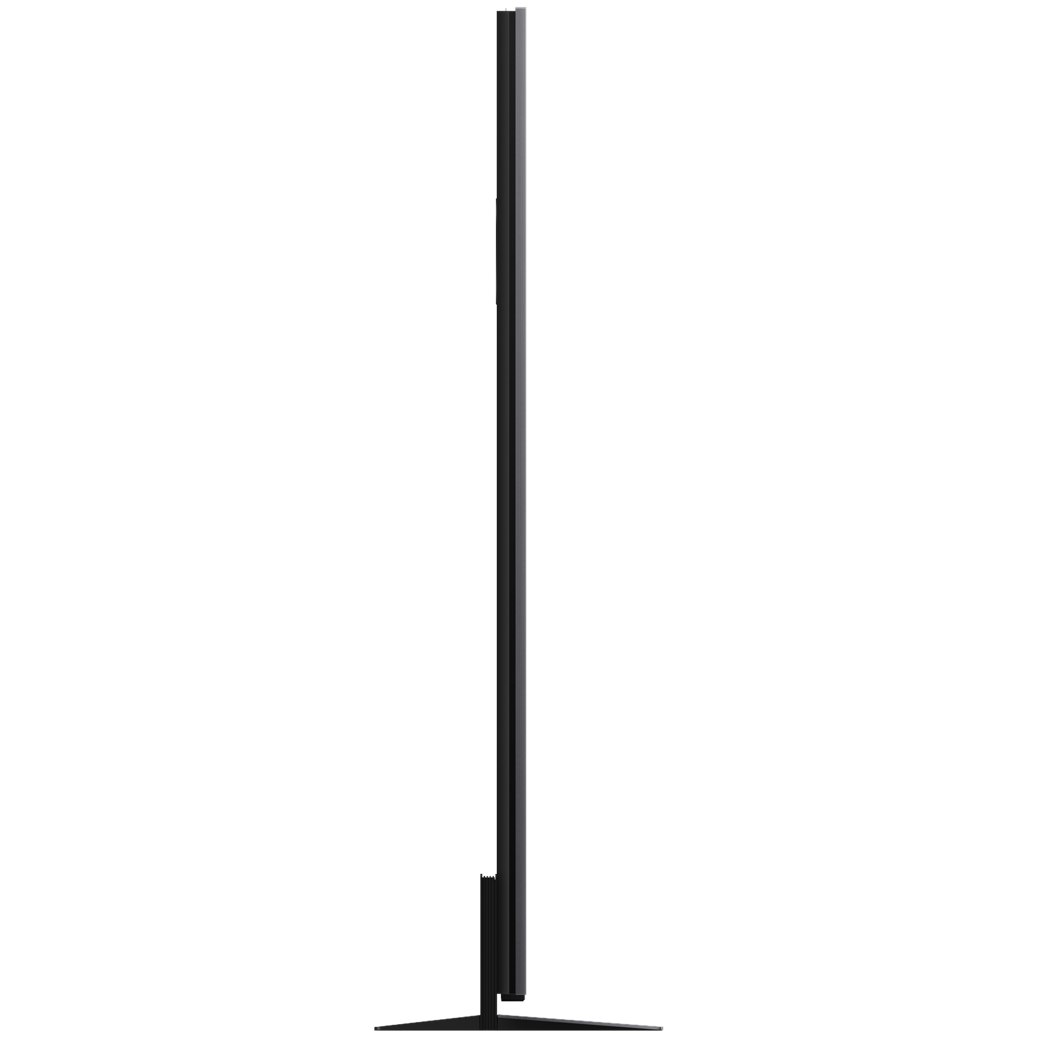 A slim, black television with a narrow stand, viewed from the side.