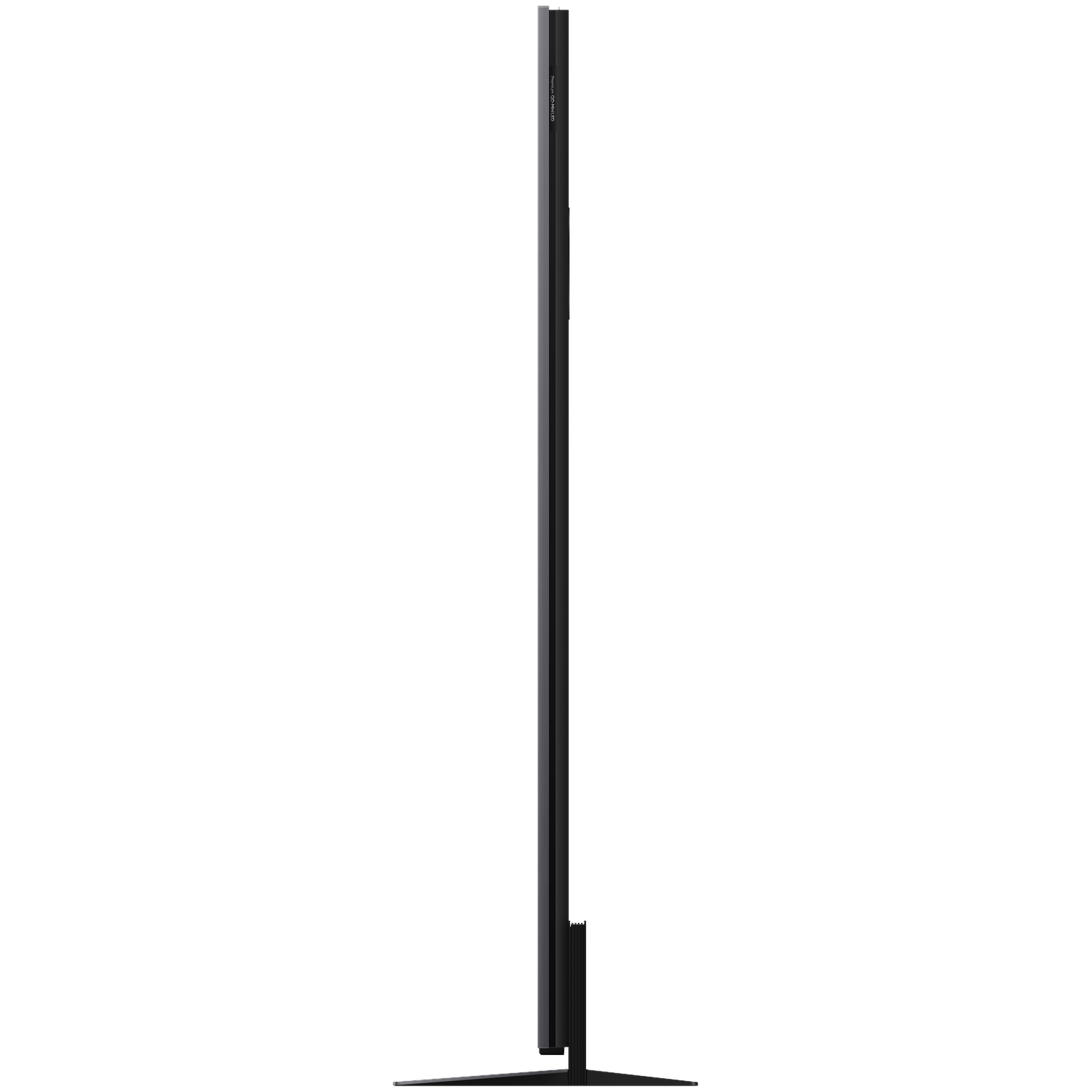 A slim, black television stands on a narrow base against a white background.
