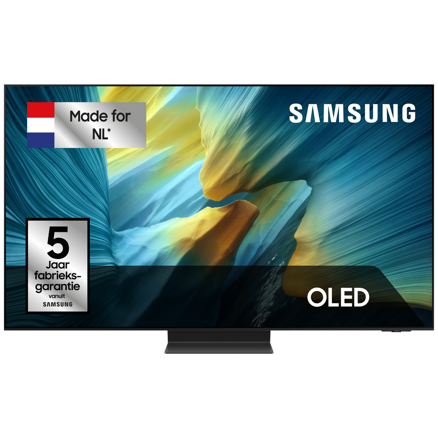 Samsung OLED TV with Dutch flag and 5-year warranty badge.