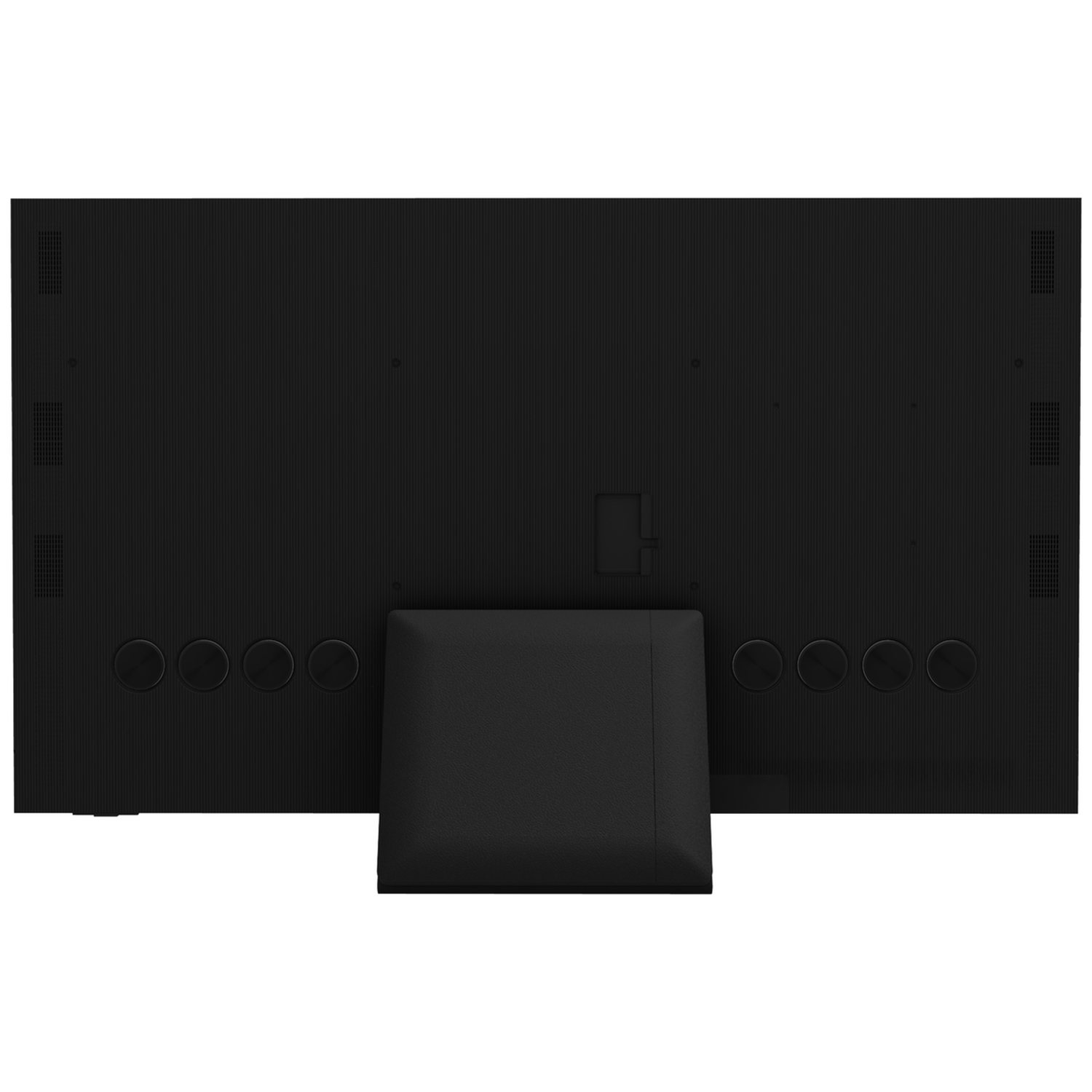 Rear view of a black television with a rectangular stand and circular buttons.