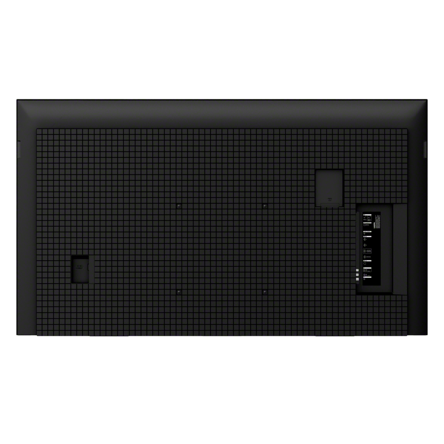 Back of a black TV with a grid pattern and various ports on the right.
