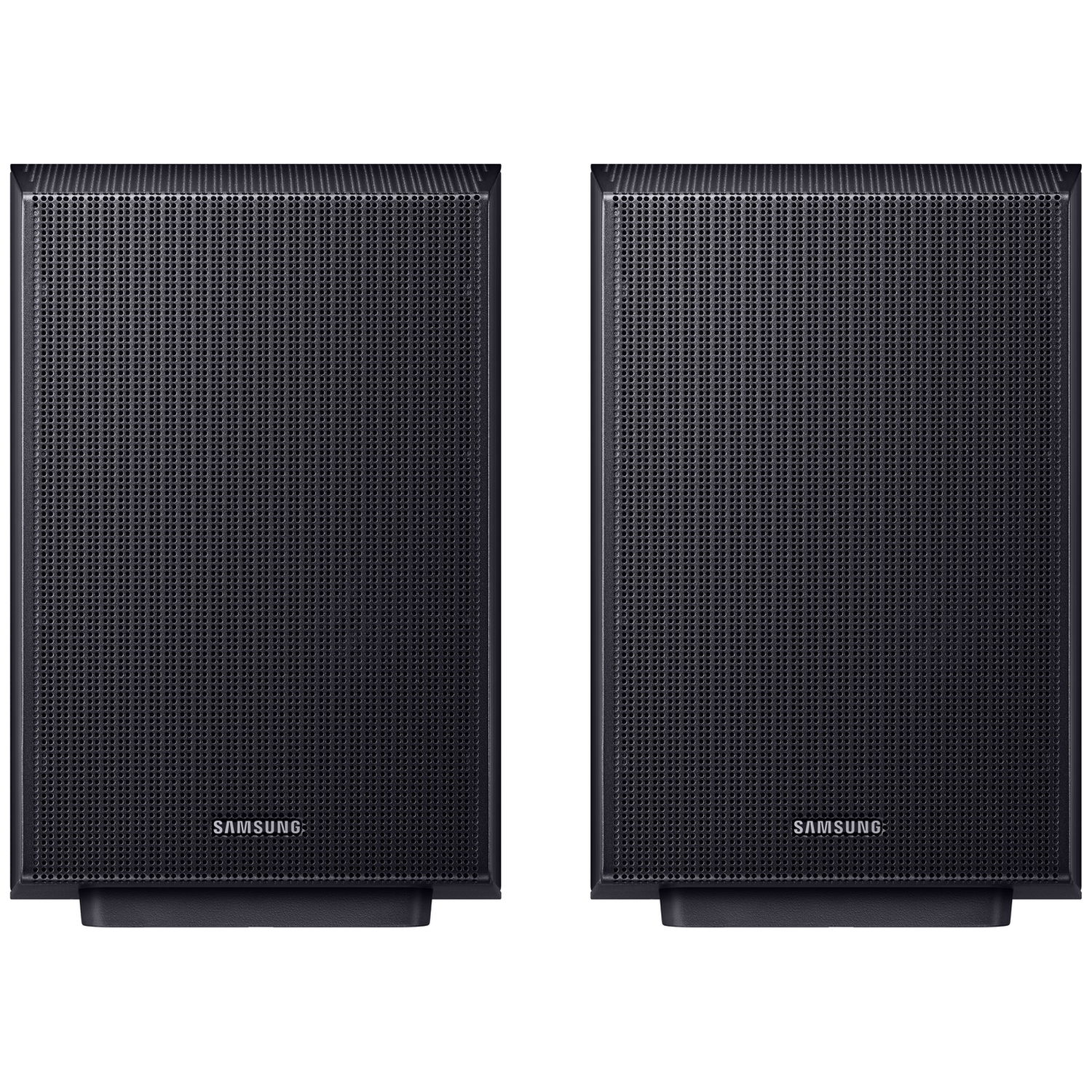 Two black Samsung speakers side by side on a white background.
