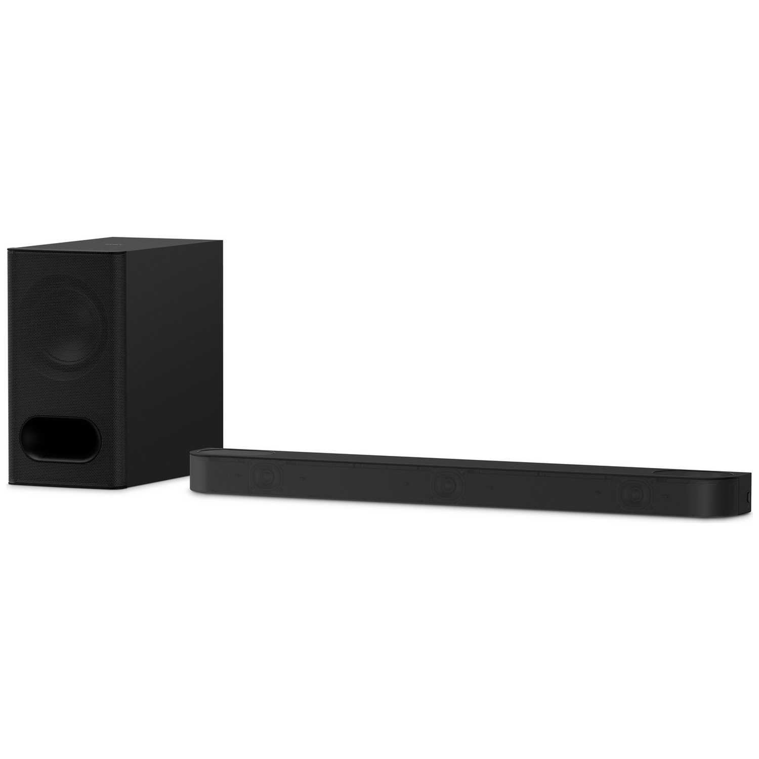 Black subwoofer and soundbar on a white background.