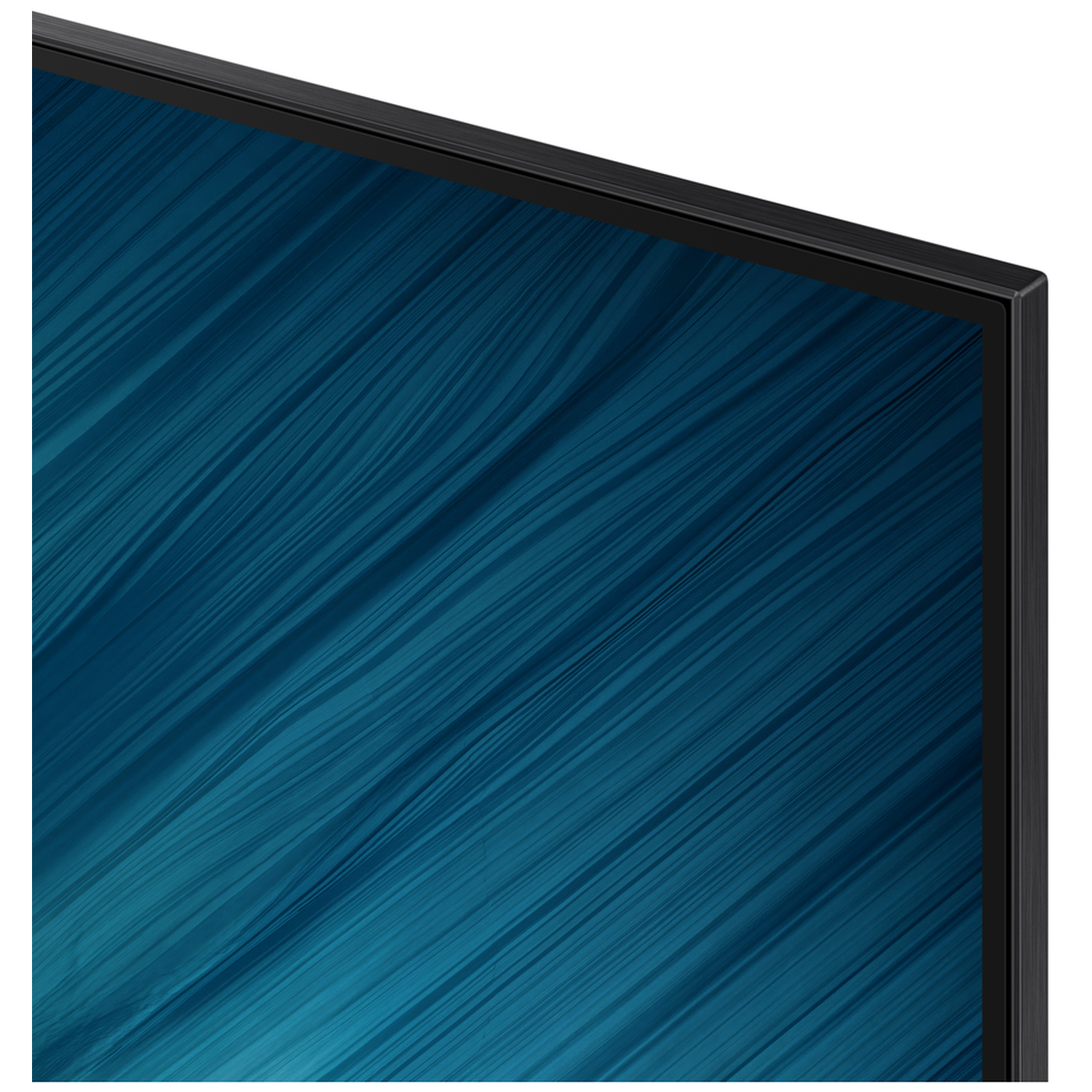 Close-up of a TV's black frame with a blue, wavy background pattern.