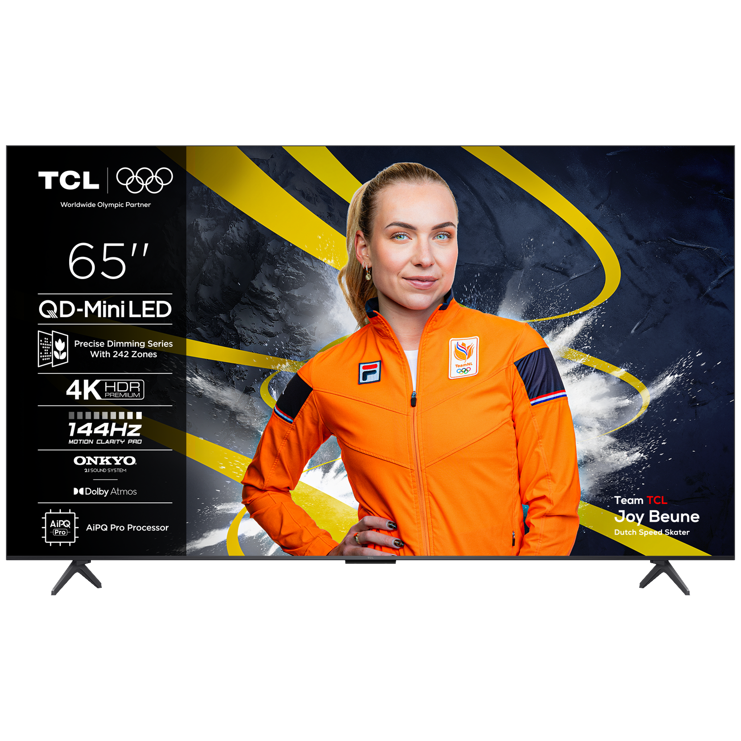 A TCL 65-inch QD-Mini LED TV featuring Joy Beune, a Dutch speed skater.
