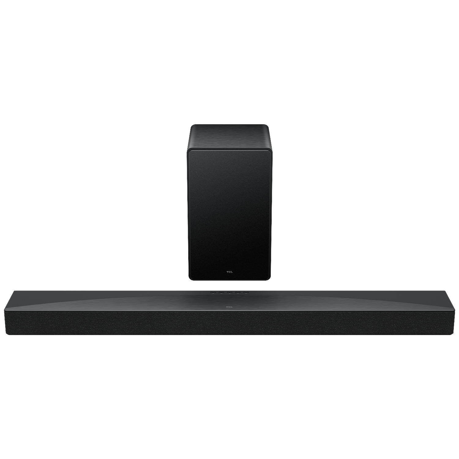 Black TCL soundbar and subwoofer on a white background.