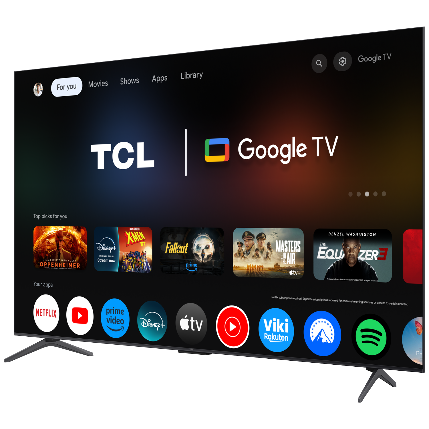 TCL Google TV home screen displaying apps like Netflix, YouTube, Prime Video.