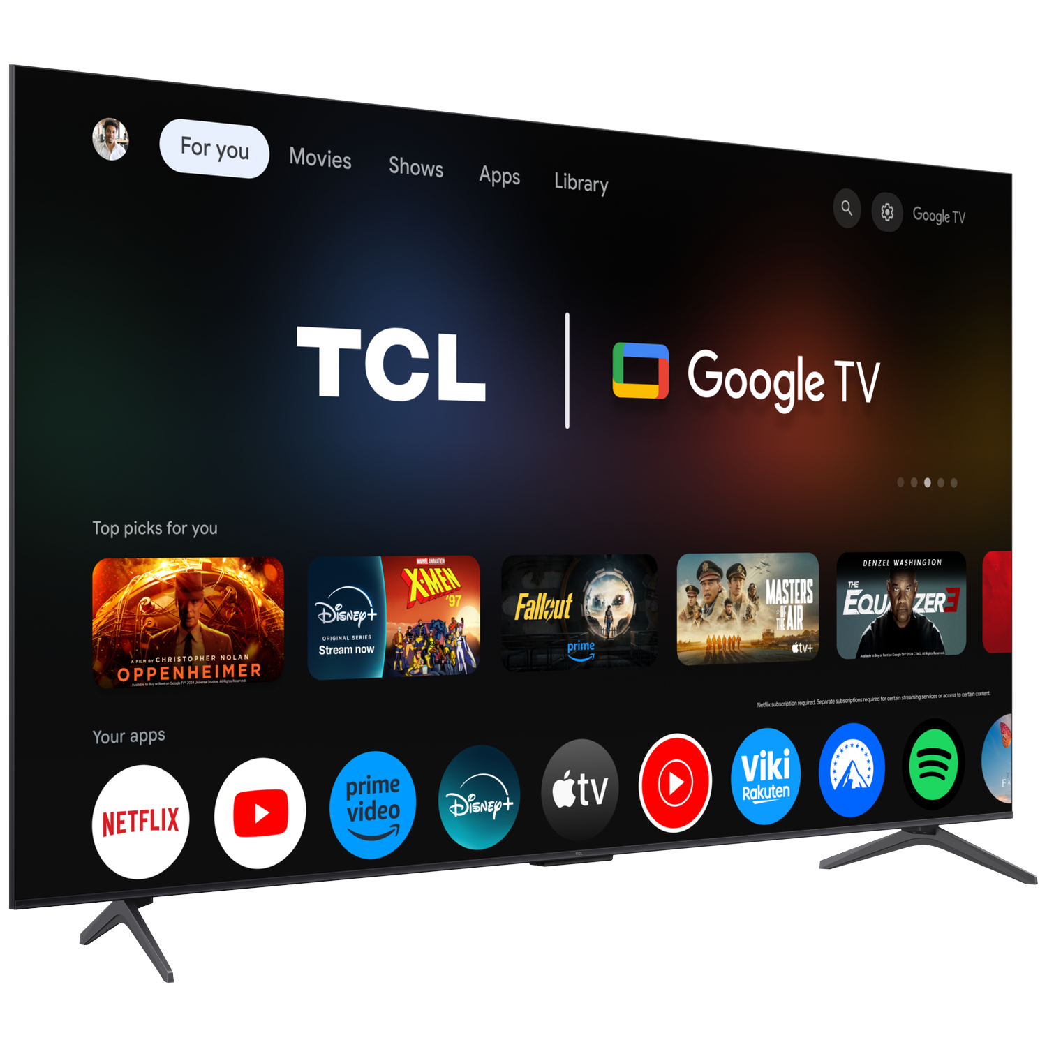 A TCL Google TV displays its interface with apps and movie tiles.