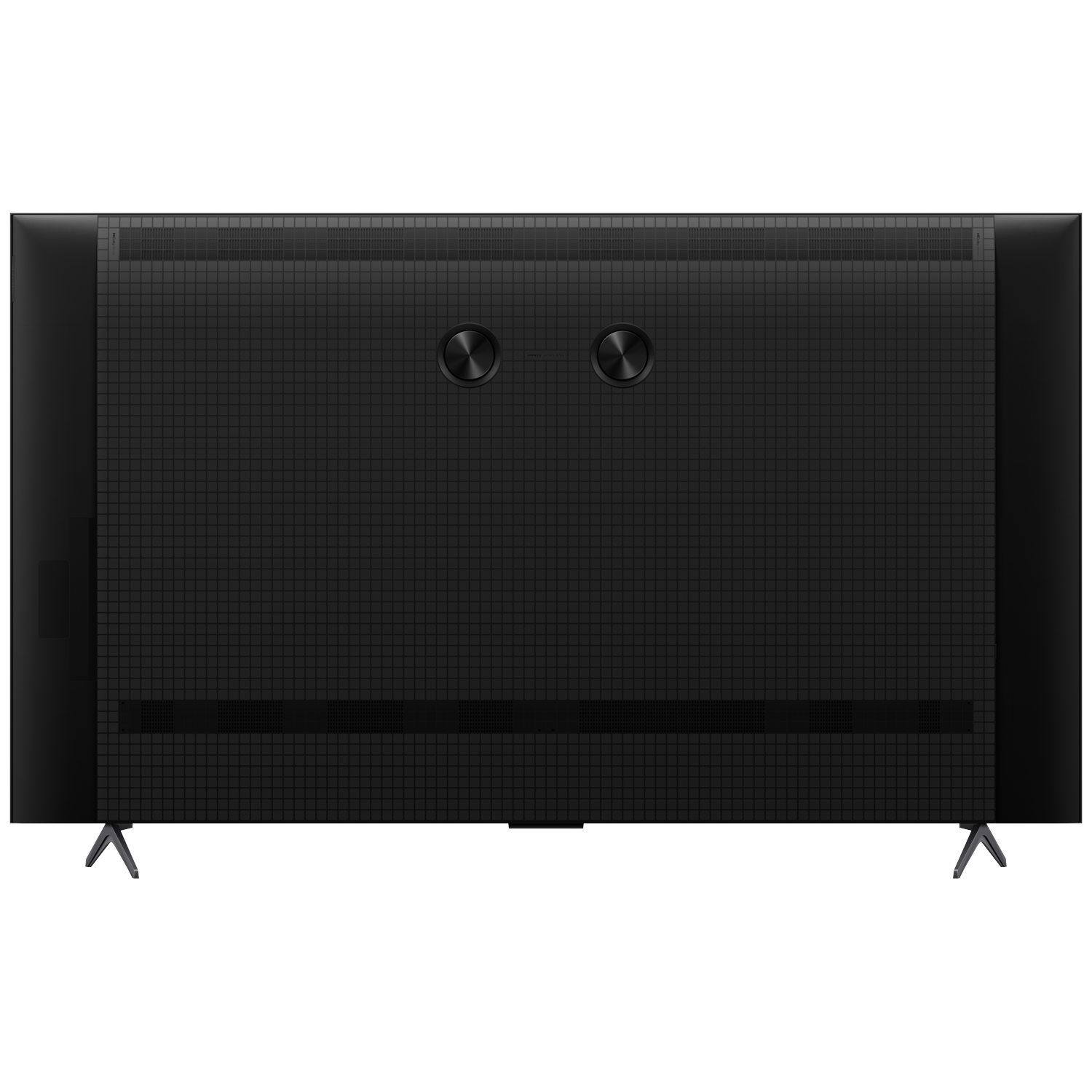 Back of a black television with two round buttons and narrow vents. Minimalist design.