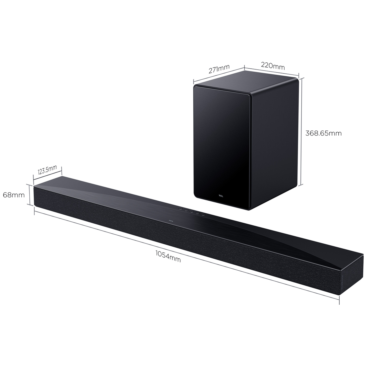 Black soundbar (1054x68x123.5mm) and subwoofer (271x220x368.65mm).