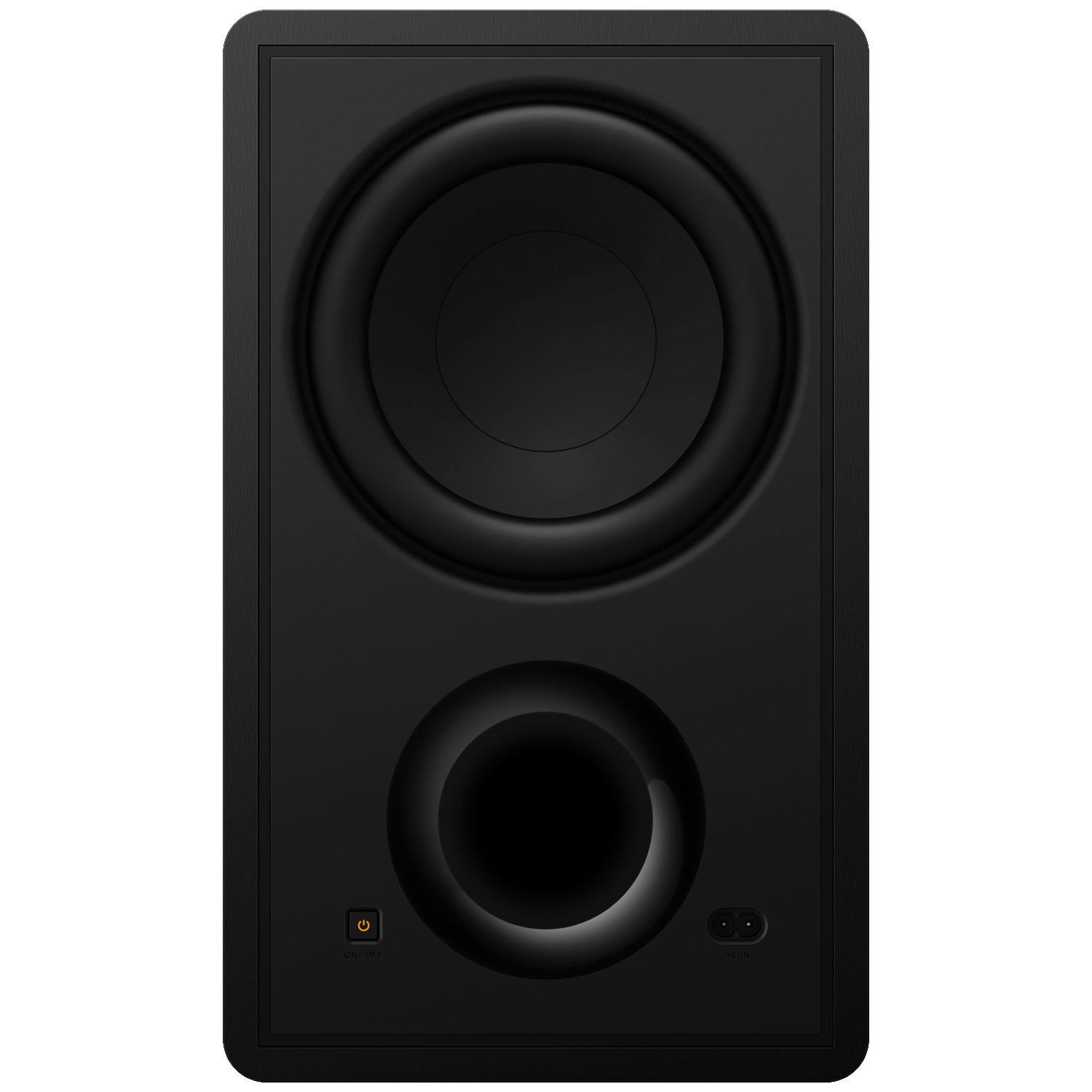 Black speaker with two circular openings, power button and AC input.