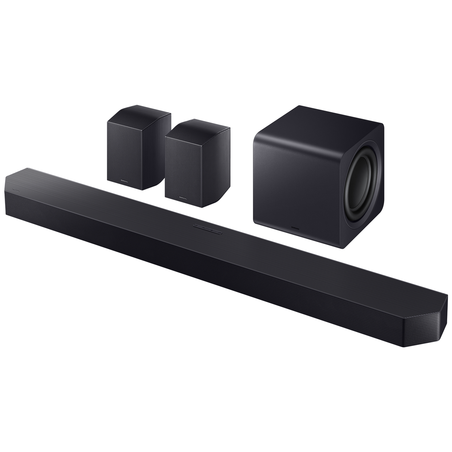 Black soundbar with two satellite speakers and a subwoofer on a white background.