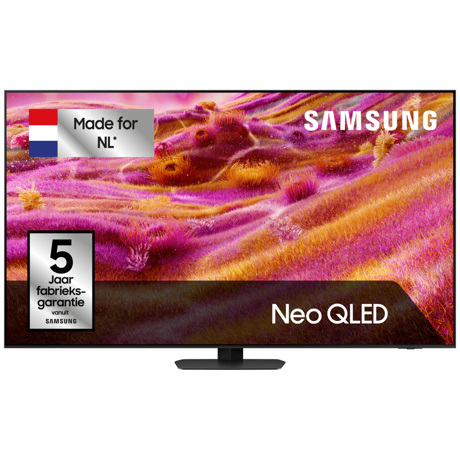 Samsung Neo QLED TV with Dutch flag and 5-year warranty seal.
