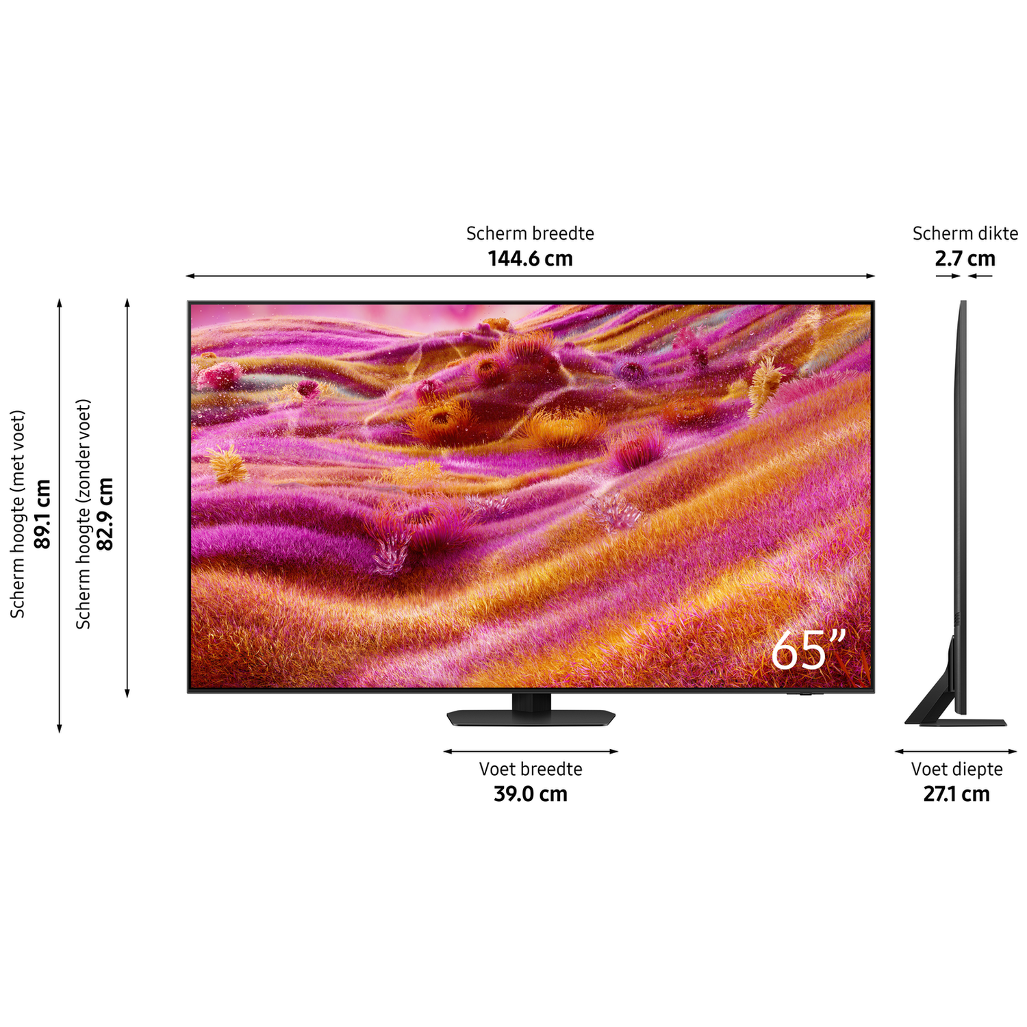 A 65-inch television with detailed dimensions and a colorful screensaver.