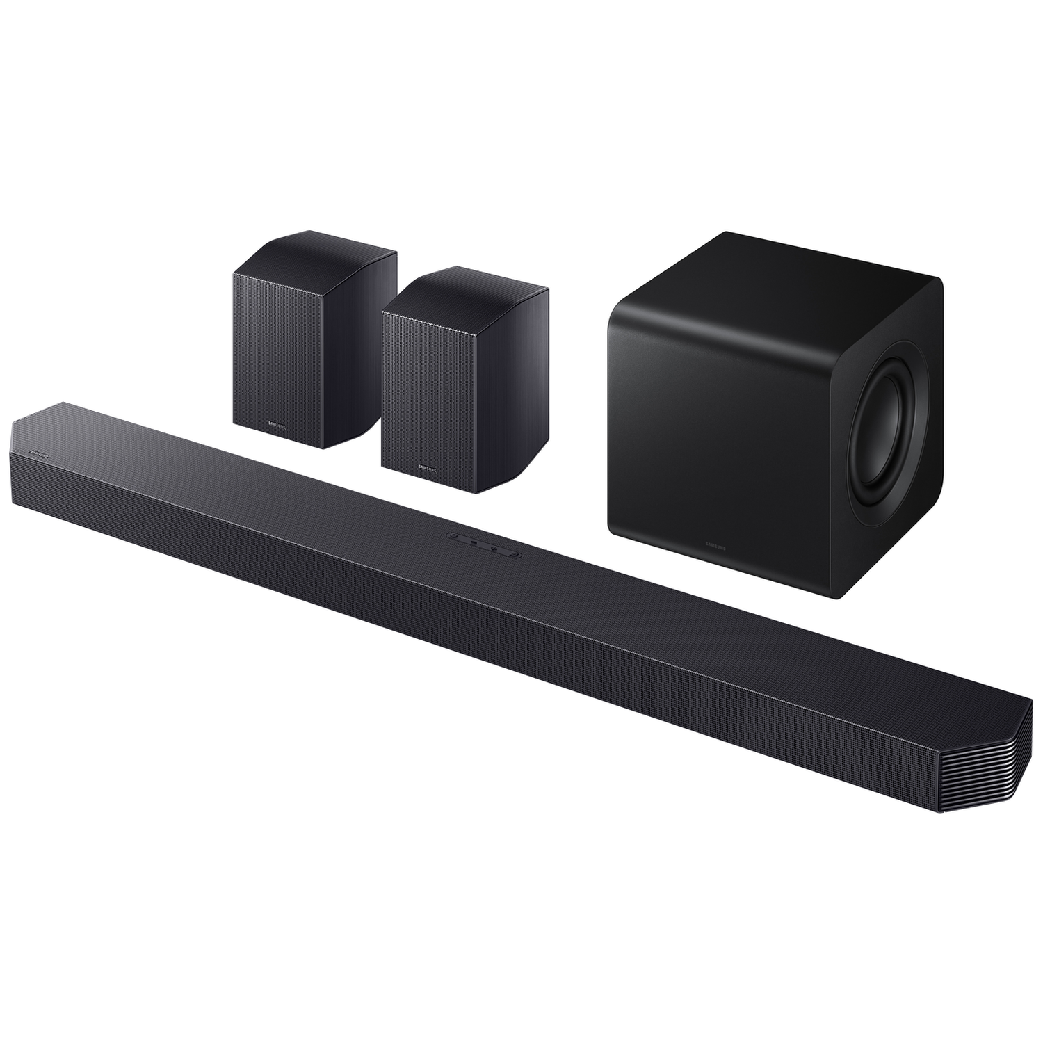 Black soundbar with two cube speakers and subwoofer on a white background.
