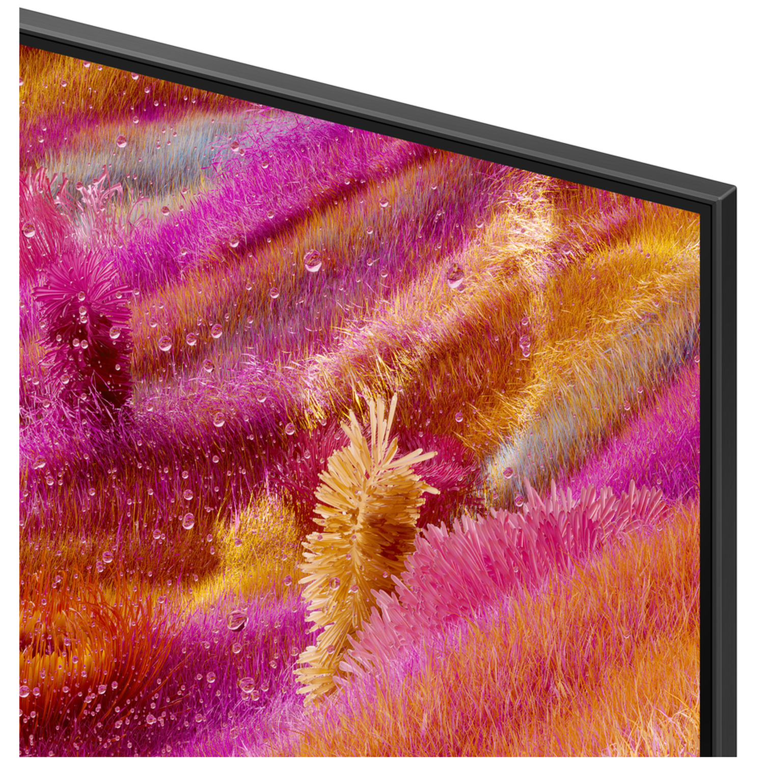 Close-up of a TV screen showing a colorful abstract image with water droplets.