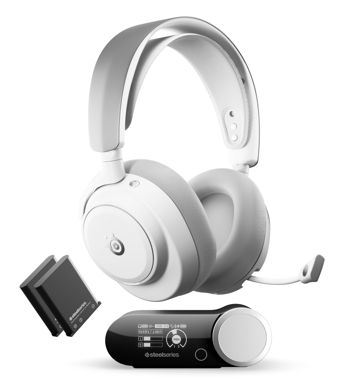 Białe słuchawki SteelSeries z dwoma akumulatorami i czarną jednostką sterującą.