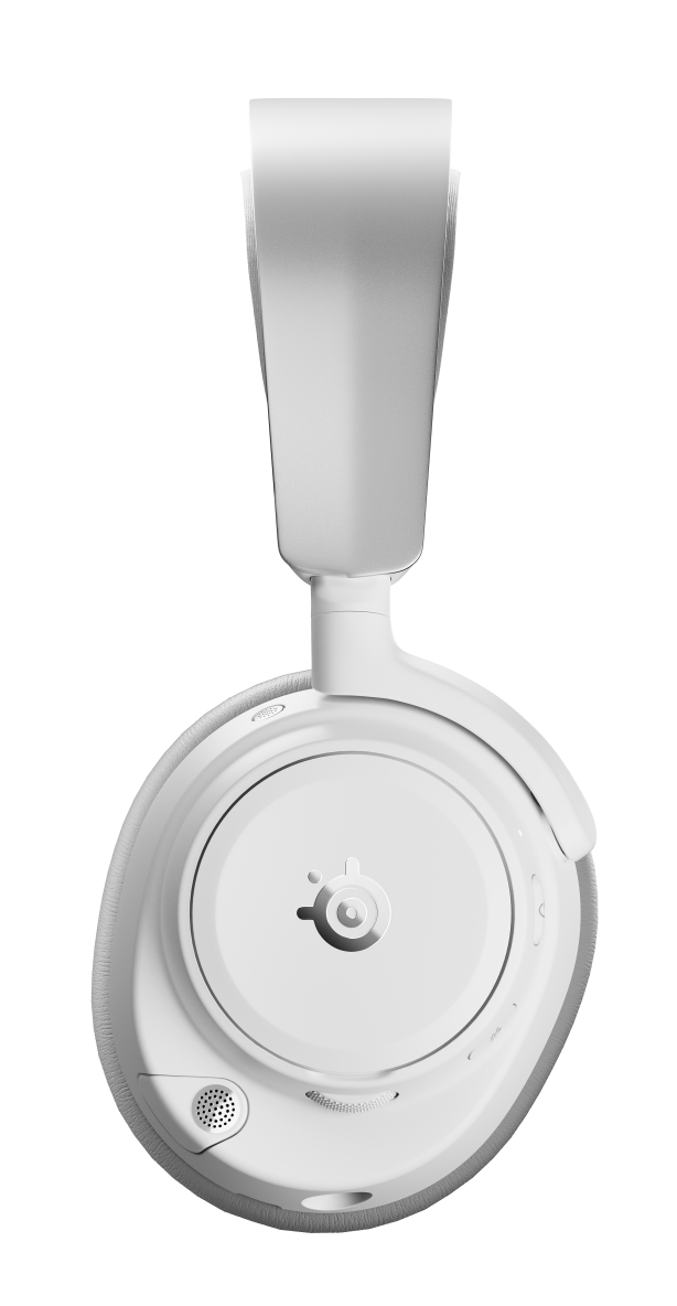 Białe słuchawki z czarnym tłem i logo SteelSeries.