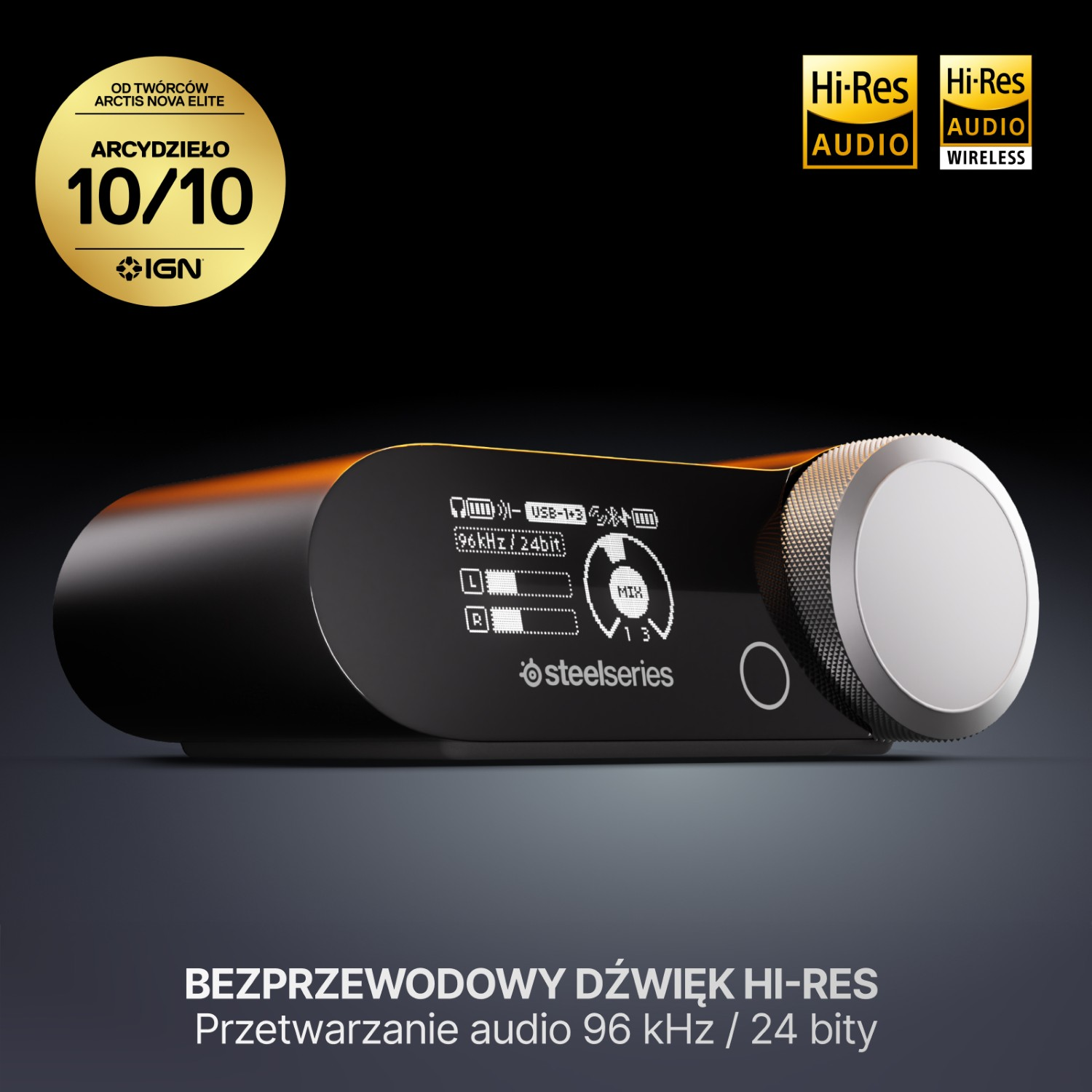 Czarne urządzenie audio SteelSeries z logo Hi-Res Audio i pokrętłem.