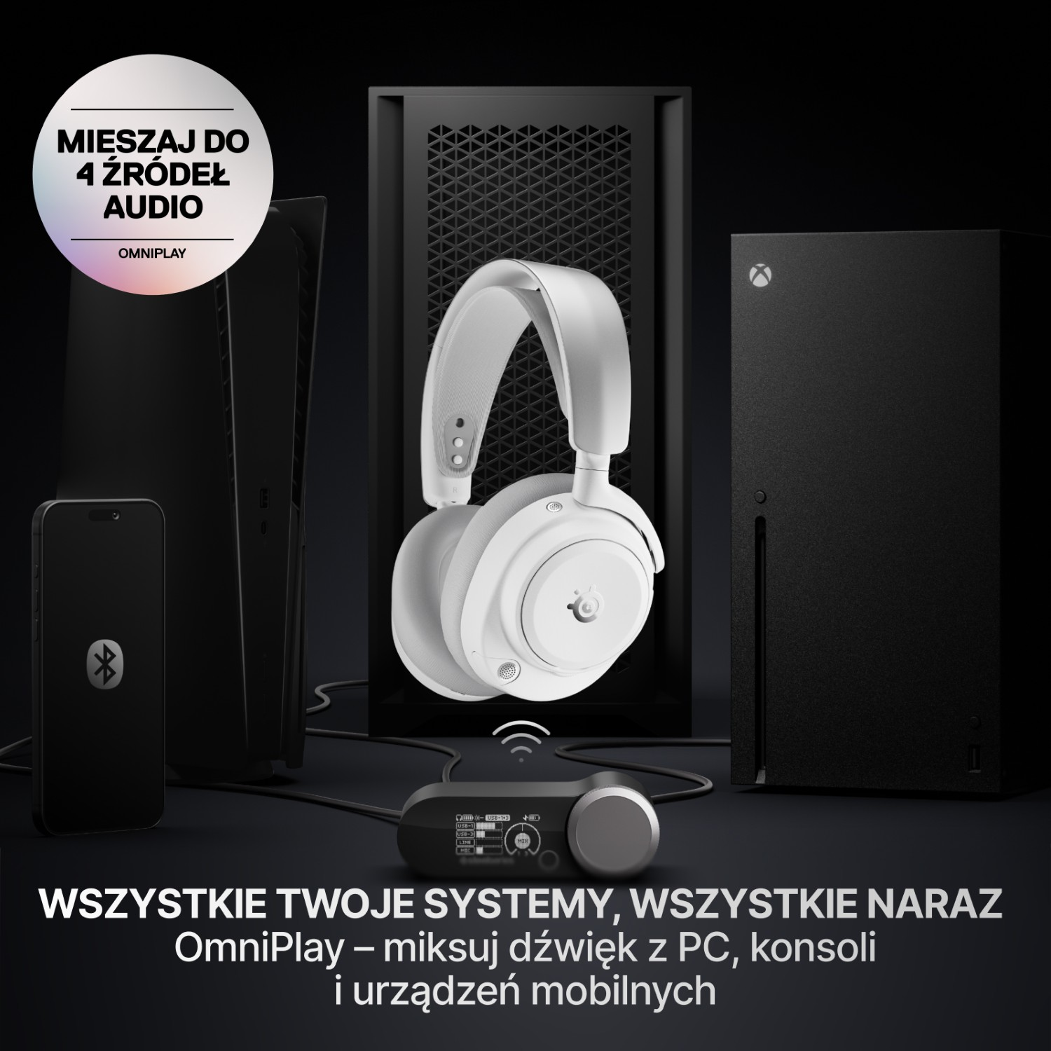 Białe słuchawki, Xbox, PS5, telefon i mikser na czarnym tle.
