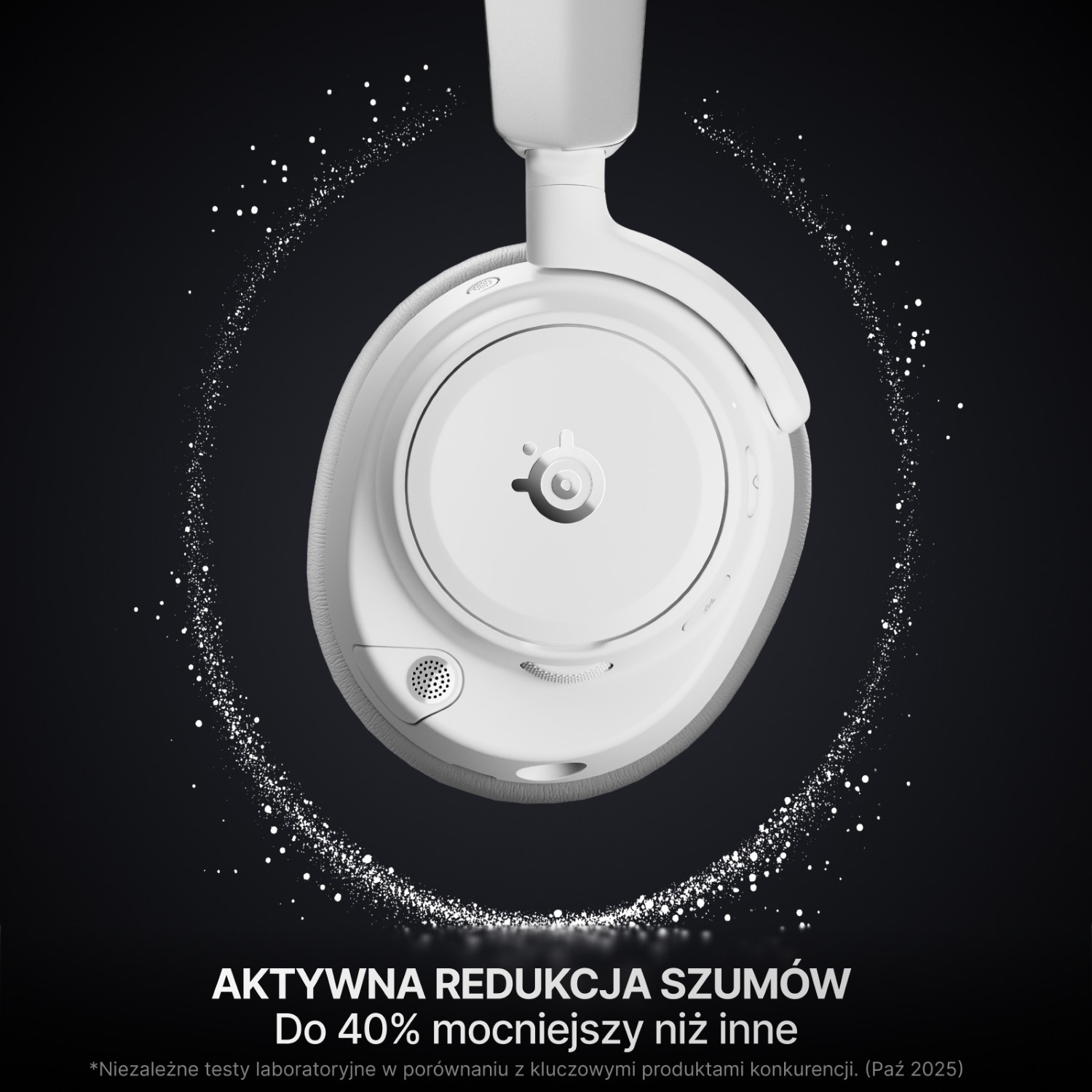 Białe słuchawki z aktywną redukcją szumów, otoczone białymi cząstkami.