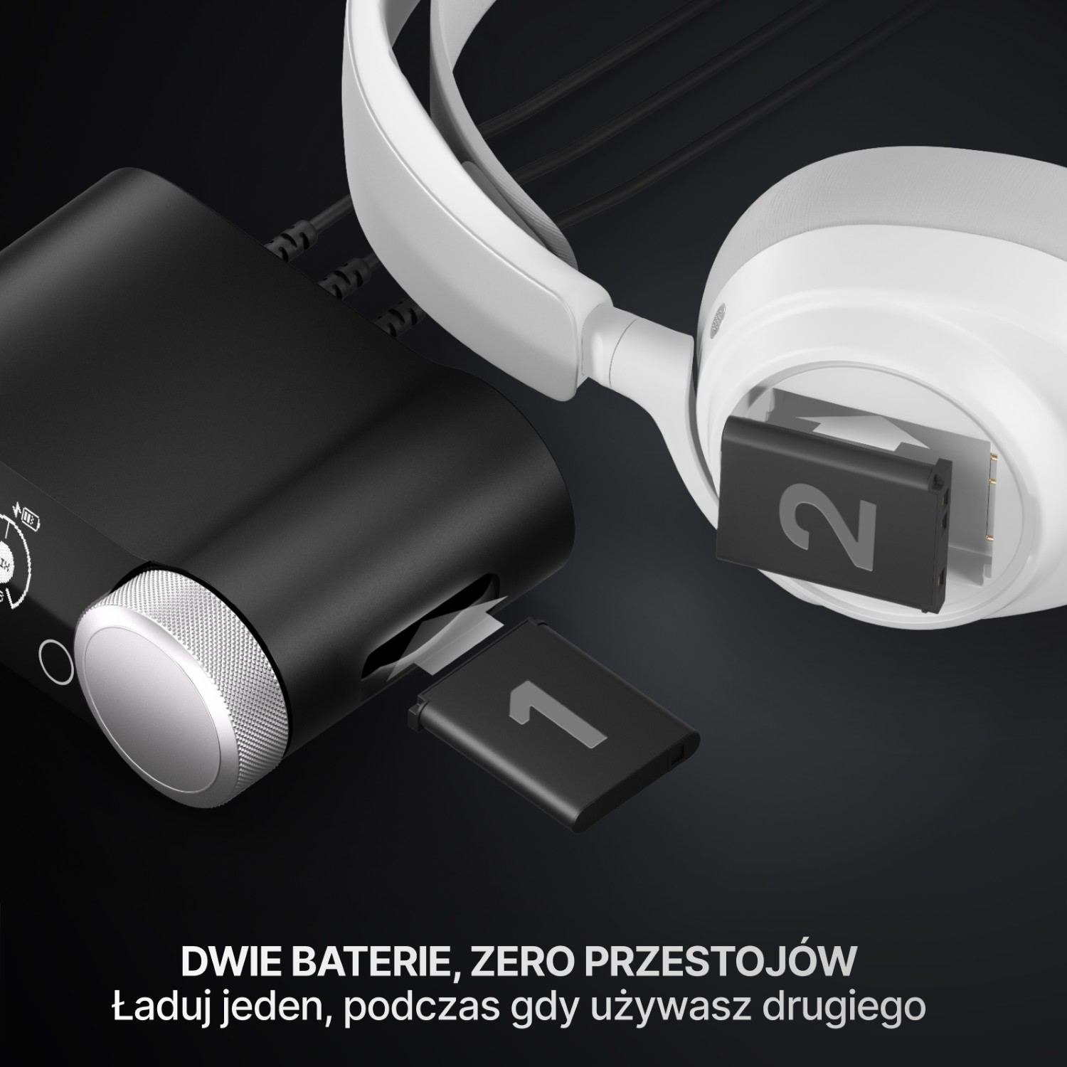 Czarne urządzenie audio z srebrnym pokrętłem i dwiema bateriami słuchawkowymi, jedna włożona.
