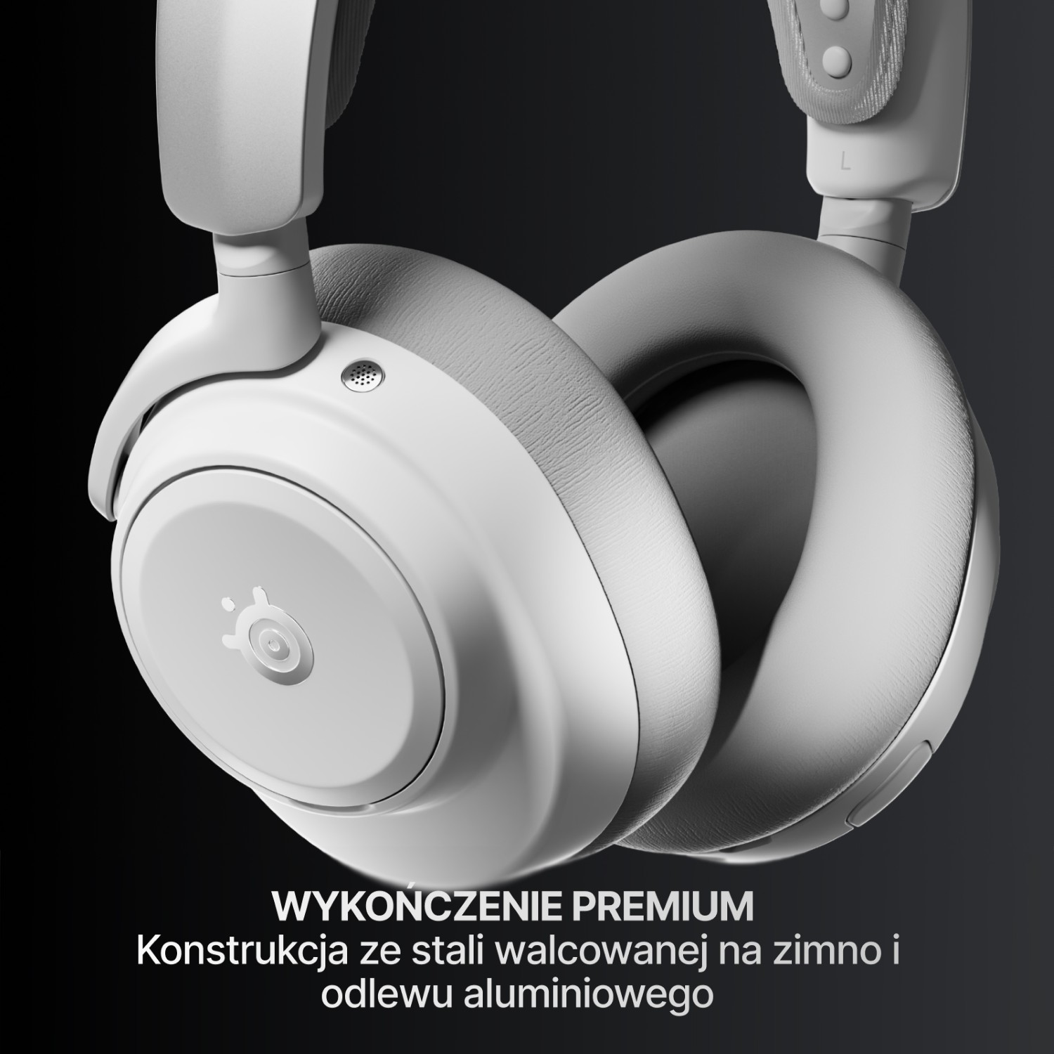 Biały zestaw słuchawkowy z miękkimi nausznikami na ciemnym tle.