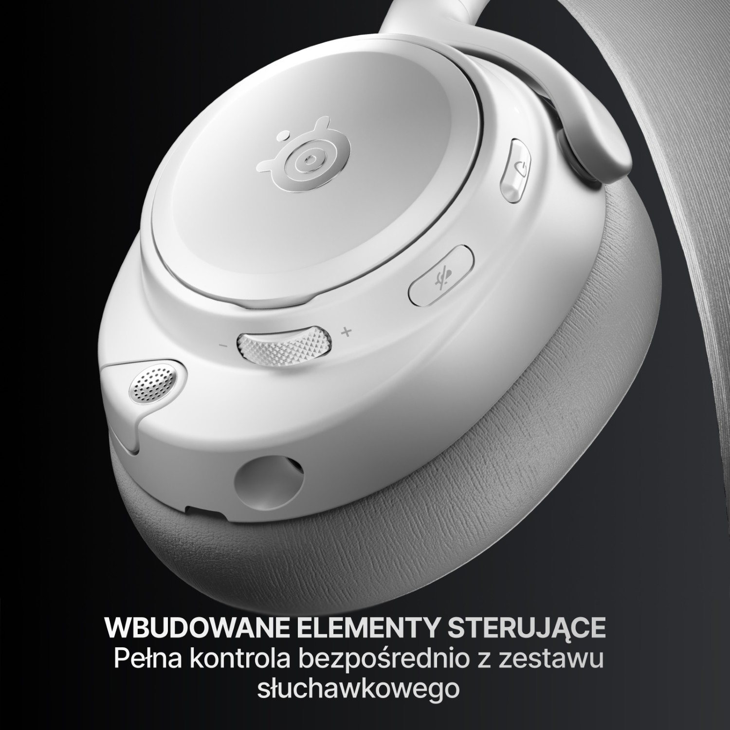 Białe słuchawki z elementami sterującymi i logo SteelSeries na czarnym tle.