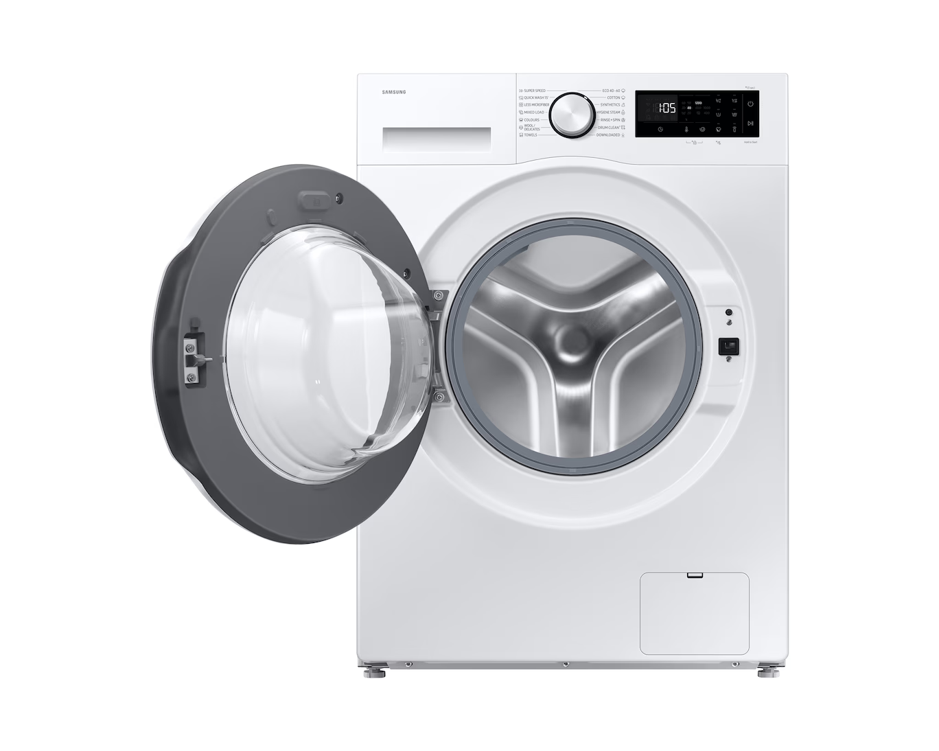 Fehér Samsung mosógép nyitott ajtóval és kezelőpanellel.