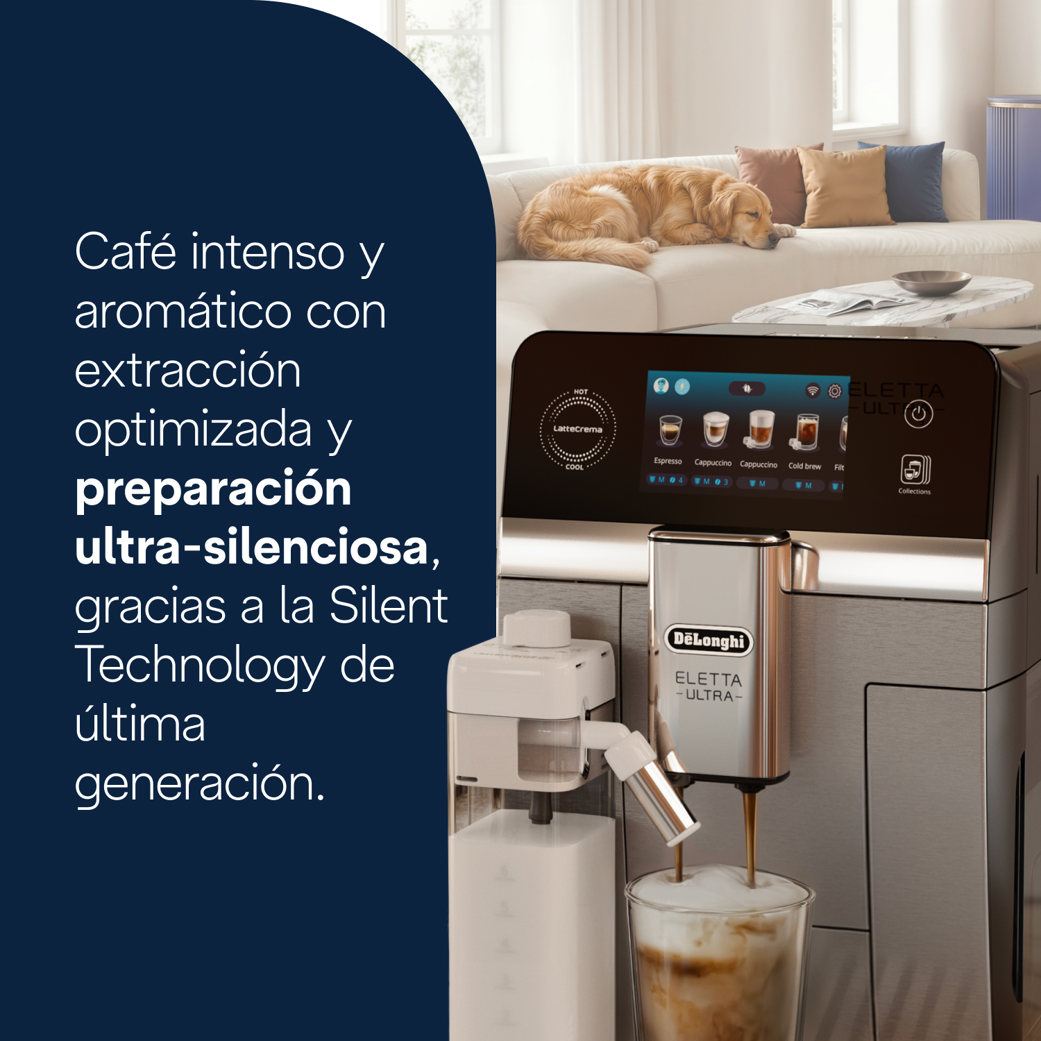Café intenso y aromático con extracción optimizada y preparación ultra-silenciosa, gracias a la Silent Technology de última generación.