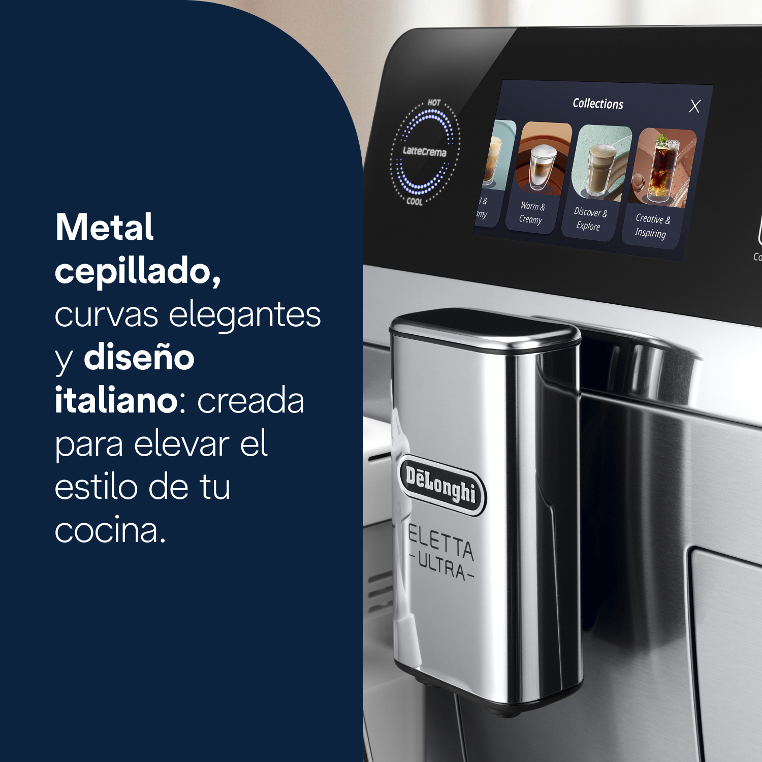 Metal cepillado, curvas elegantes y diseño italiano: creada para elevar el estilo de tu cocina.
